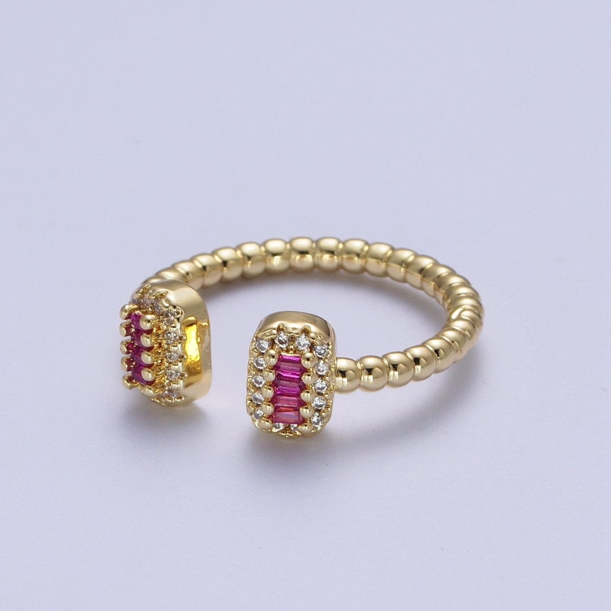 24K Gold Filled Beaded Micro Paved Double Bar Clear Fuchsia Green Baguette Cubic Zirconia Ring | O-135 O-191 O-211
