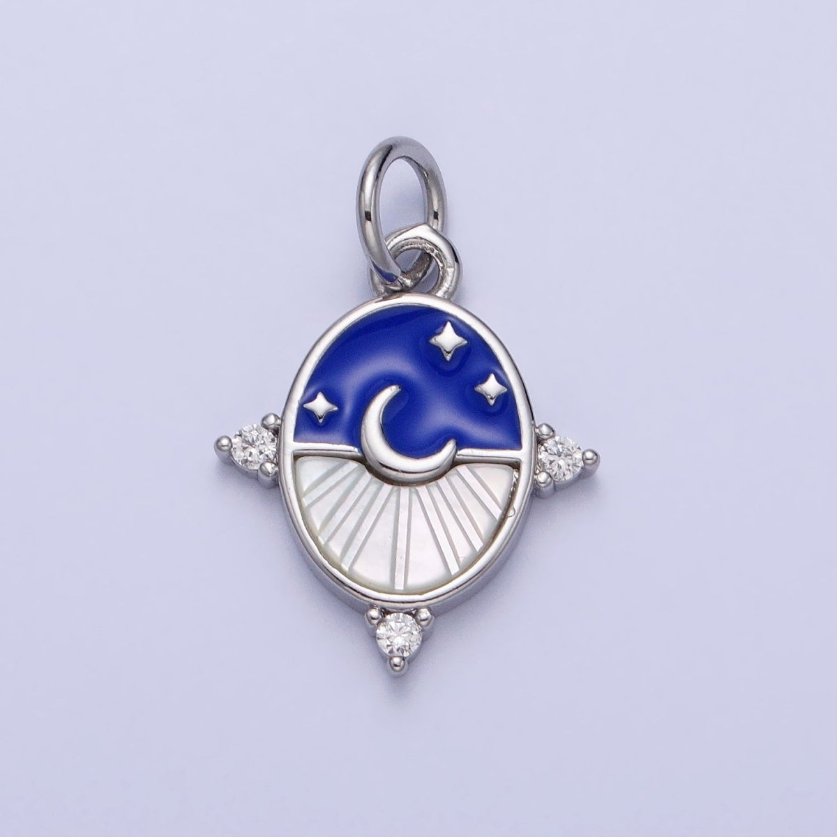 24K Gold Filled Black, Blue Enamel Shell Pearl Crescent Moon CZ Oval Celestial Charm in Silver & Gold | AC381 - AC384