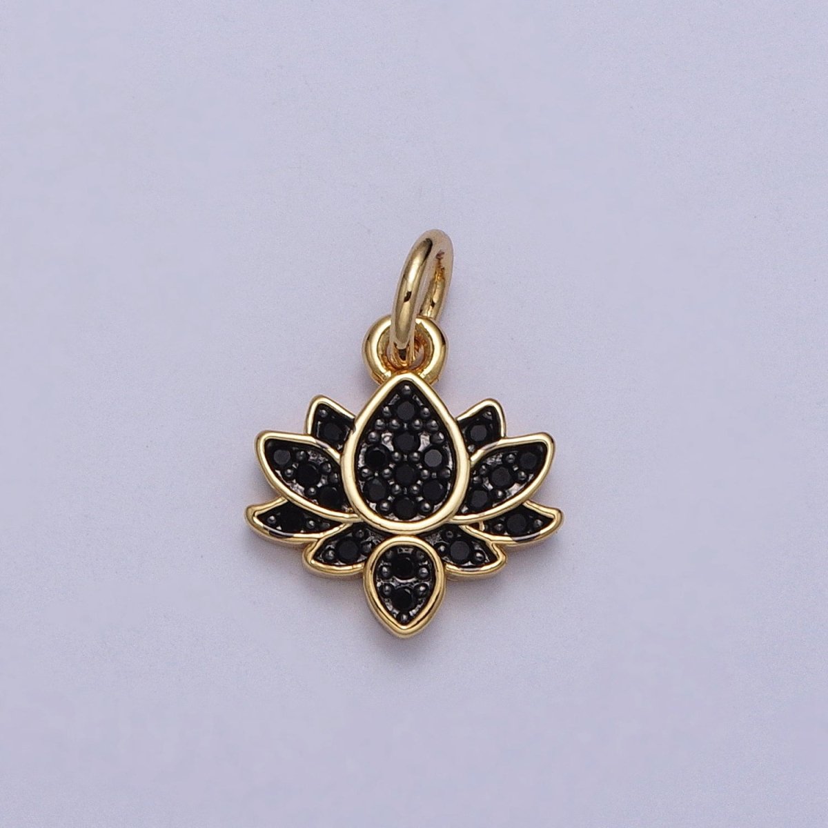 24K Gold Filled Black Micro Paved CZ Lotus Flower Charm | C-886