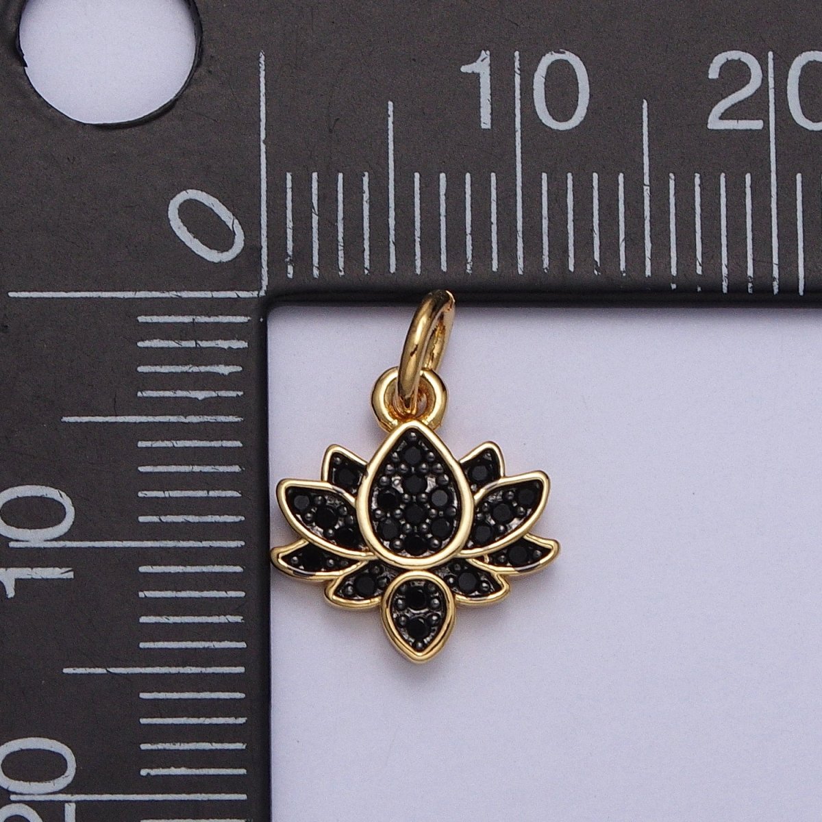 24K Gold Filled Black Micro Paved CZ Lotus Flower Charm | C-886