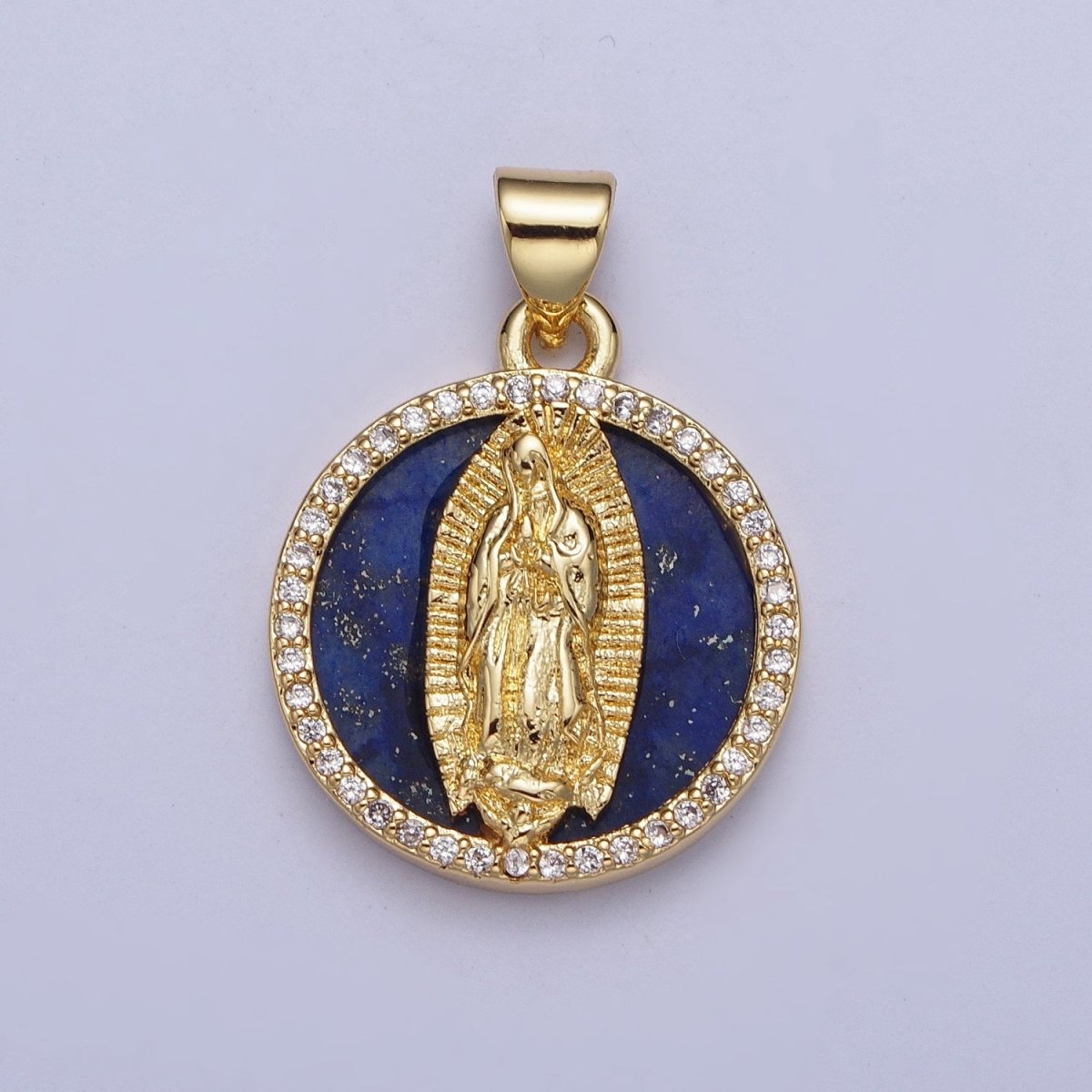 24K Gold Filled Blue Lapiz Lady Guadalupe Medallion, Micro Pave Religious Virgin Mother Mary Round Charm For Jewelry Making X-430