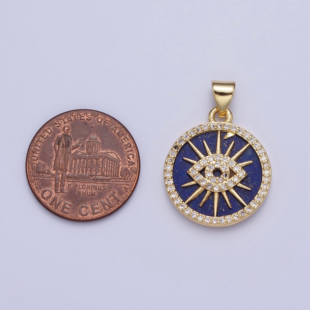 24K Gold Filled Blue Lapiz Sunray Evil Eye Round Medallion Pendant, Micro Pave Protection Pendant For Jewelry Making X-425