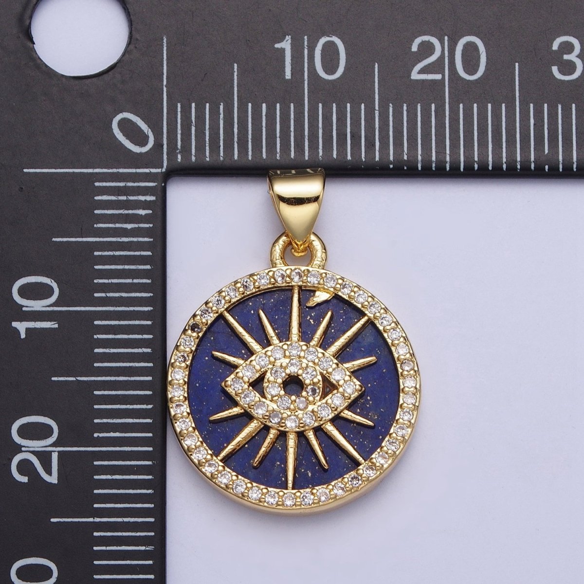 24K Gold Filled Blue Lapiz Sunray Evil Eye Round Medallion Pendant, Micro Pave Protection Pendant For Jewelry Making X-425