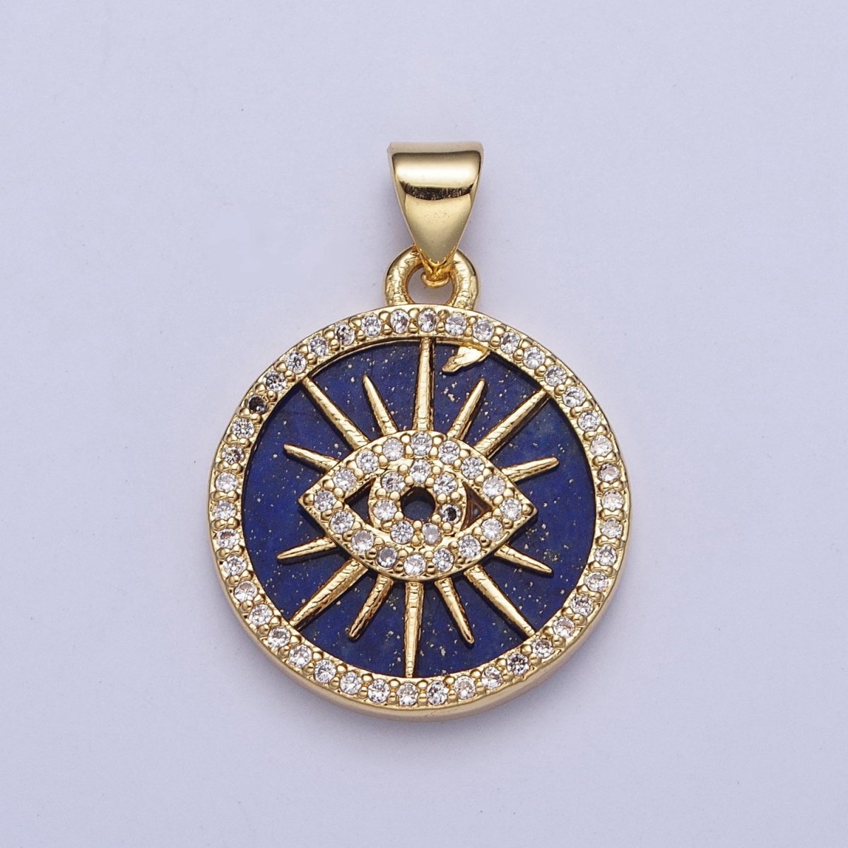 24K Gold Filled Blue Lapiz Sunray Evil Eye Round Medallion Pendant, Micro Pave Protection Pendant For Jewelry Making X-425