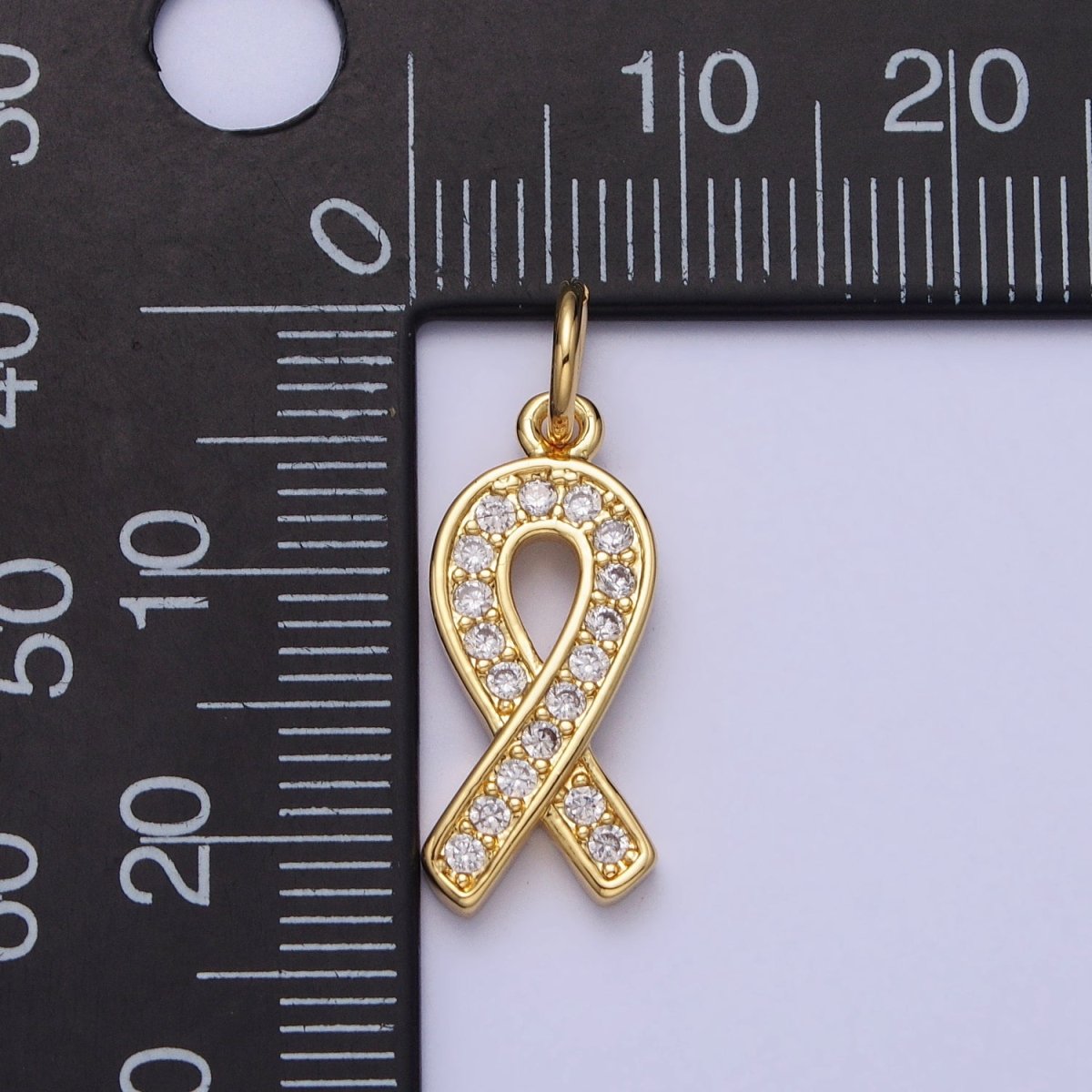 24K Gold Filled Breast Cancer Awareness Ribbon Micro Paved CZ Add-On Charm | AC-368