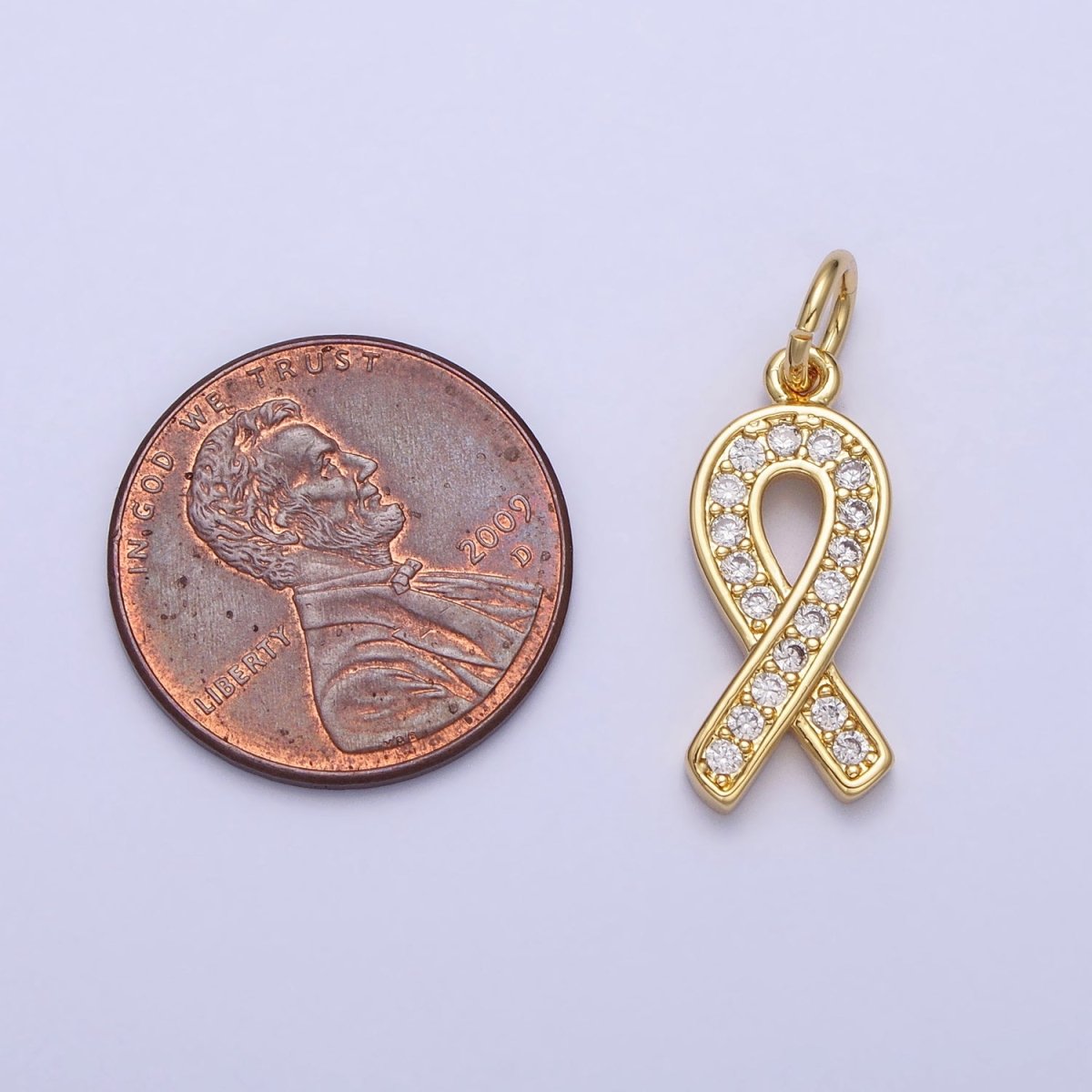 24K Gold Filled Breast Cancer Awareness Ribbon Micro Paved CZ Add-On Charm | AC-368