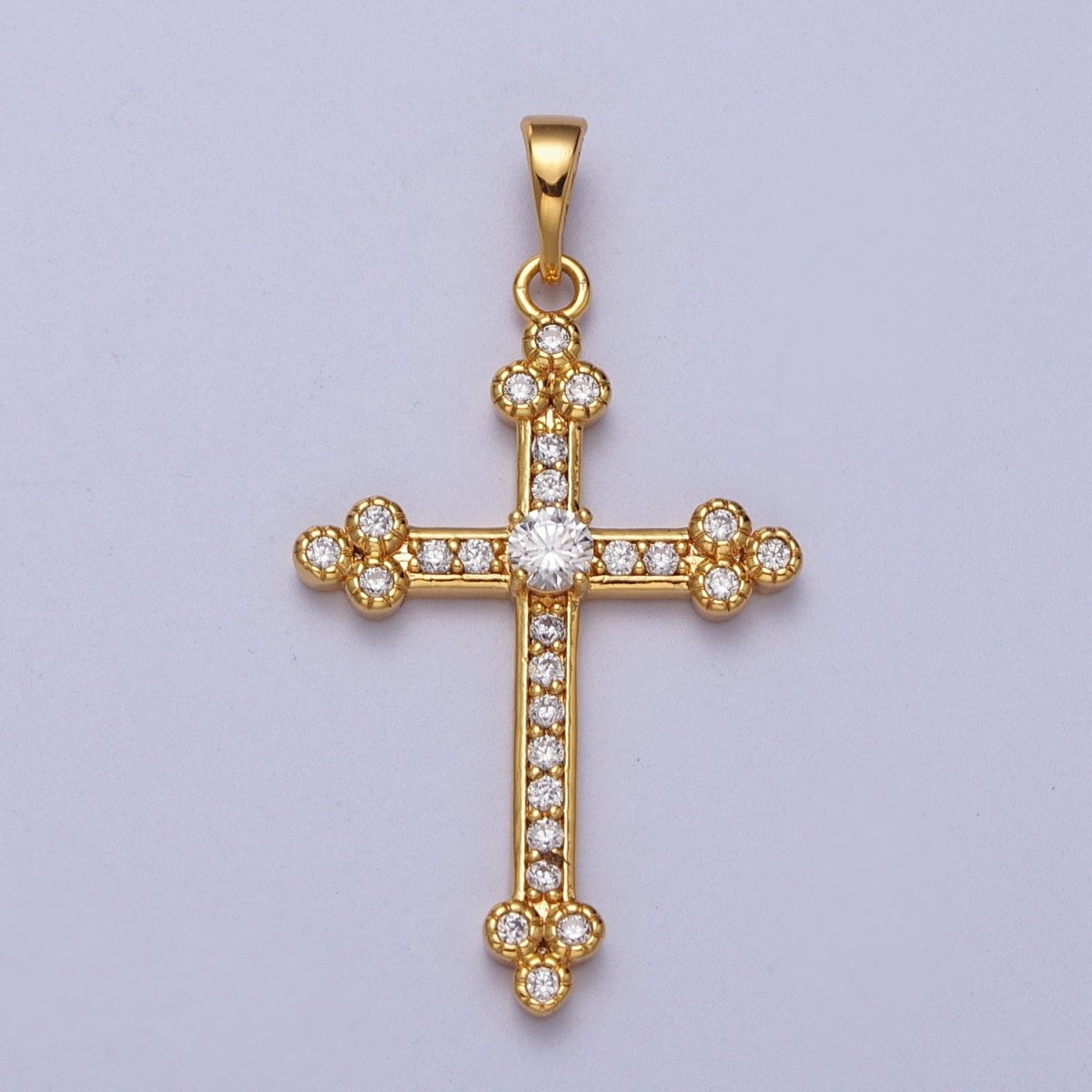 24K Gold Filled Buttony Cross Micro Paved Clear CZ Religious Pendant H-456