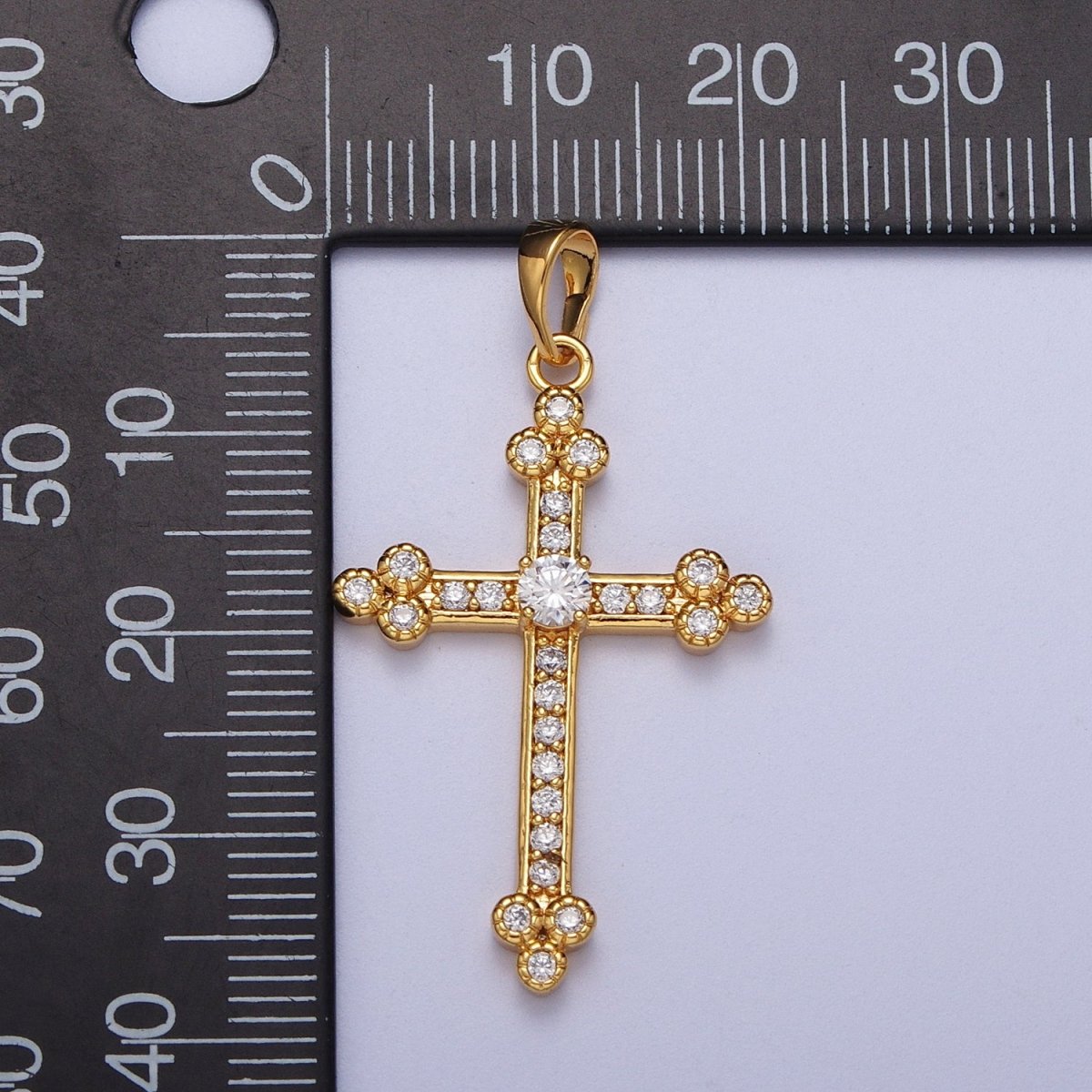 24K Gold Filled Buttony Cross Micro Paved Clear CZ Religious Pendant H-456