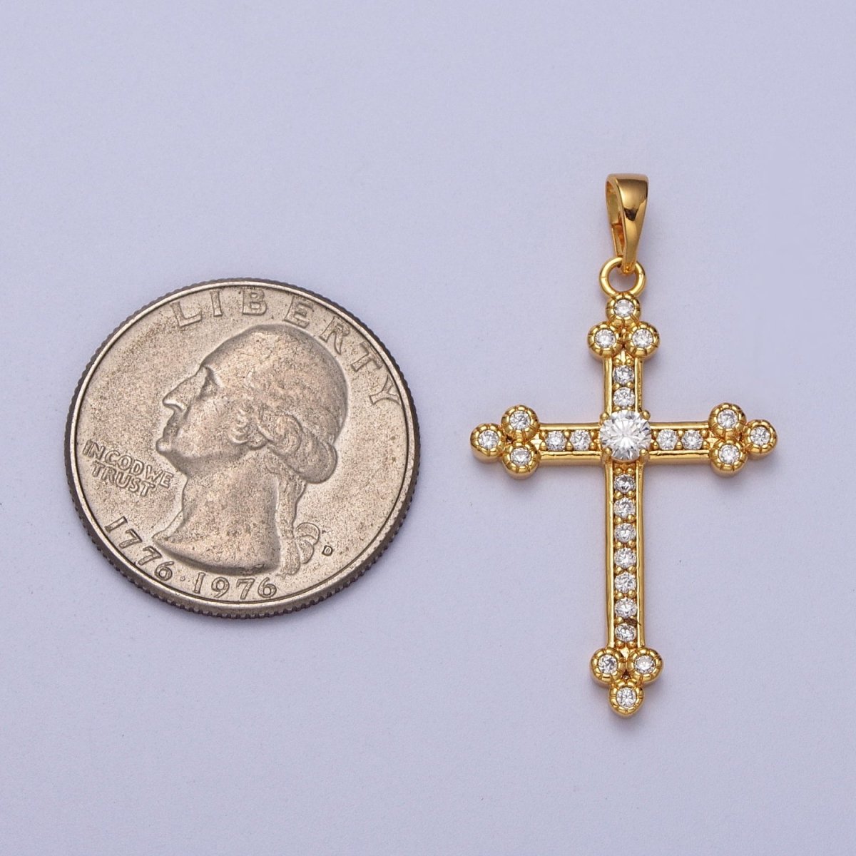 24K Gold Filled Buttony Cross Micro Paved Clear CZ Religious Pendant H-456