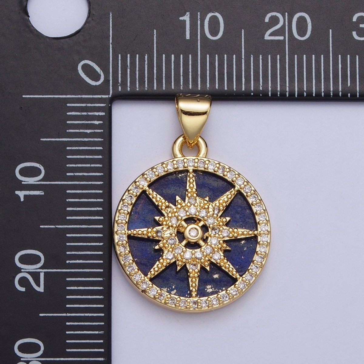 24K Gold Filled Celestial Eight Pointed Star Compass Blue Lapiz Micro Pave CZ Bezel Round Medallion Pendant, X-429