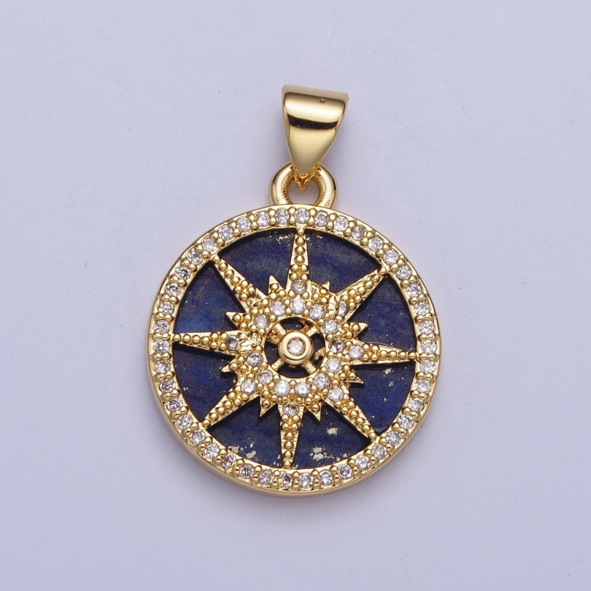 24K Gold Filled Celestial Eight Pointed Star Compass Blue Lapiz Micro Pave CZ Bezel Round Medallion Pendant, X-429