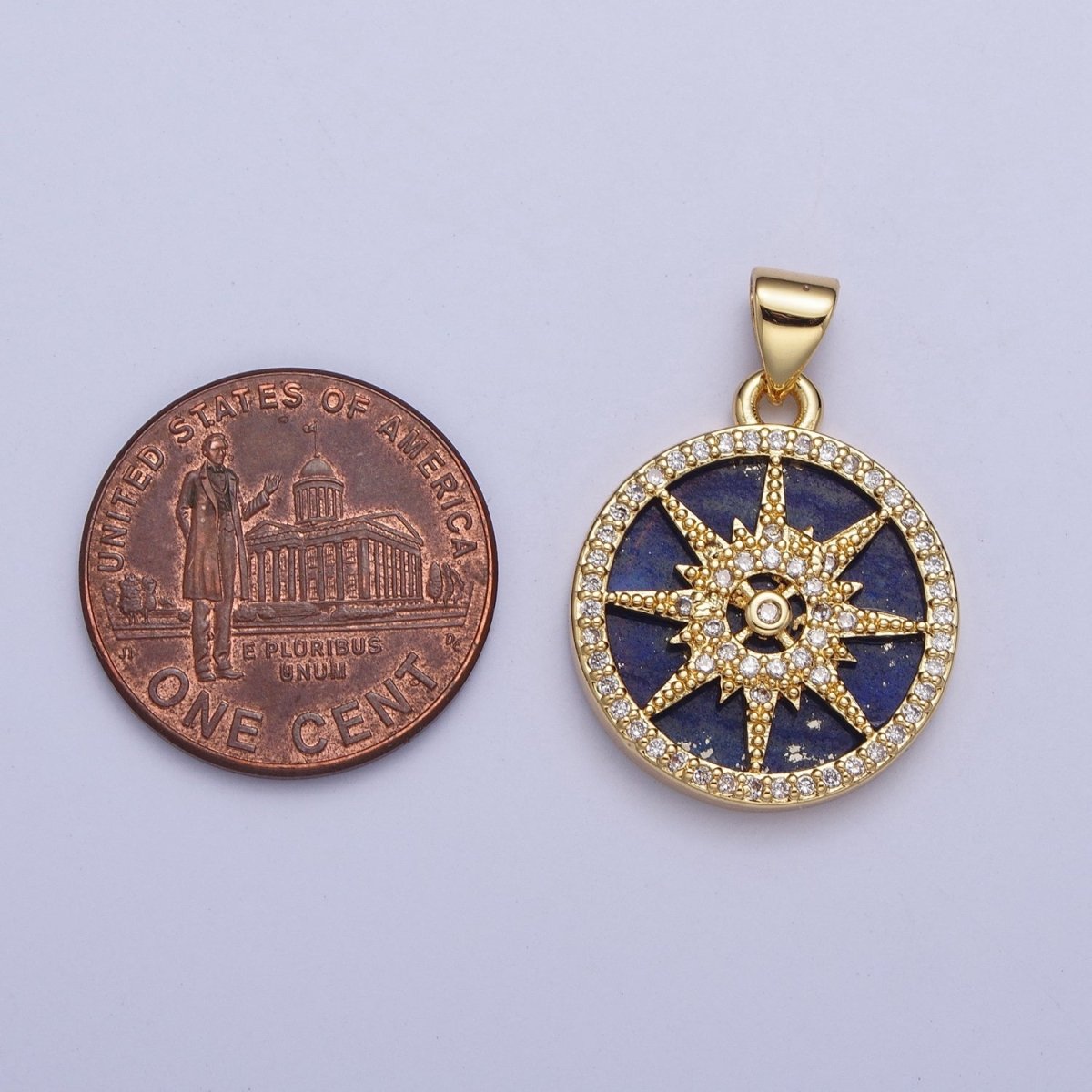 24K Gold Filled Celestial Eight Pointed Star Compass Blue Lapiz Micro Pave CZ Bezel Round Medallion Pendant, X-429
