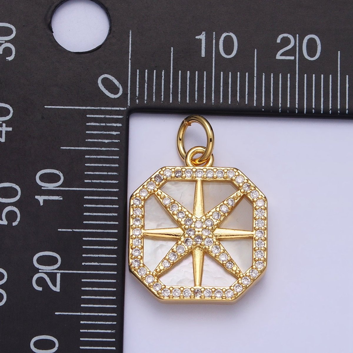 24K Gold Filled Celestial Northern Star Pearl Clear Micro Paved CZ Hexagonal Charm | AC361
