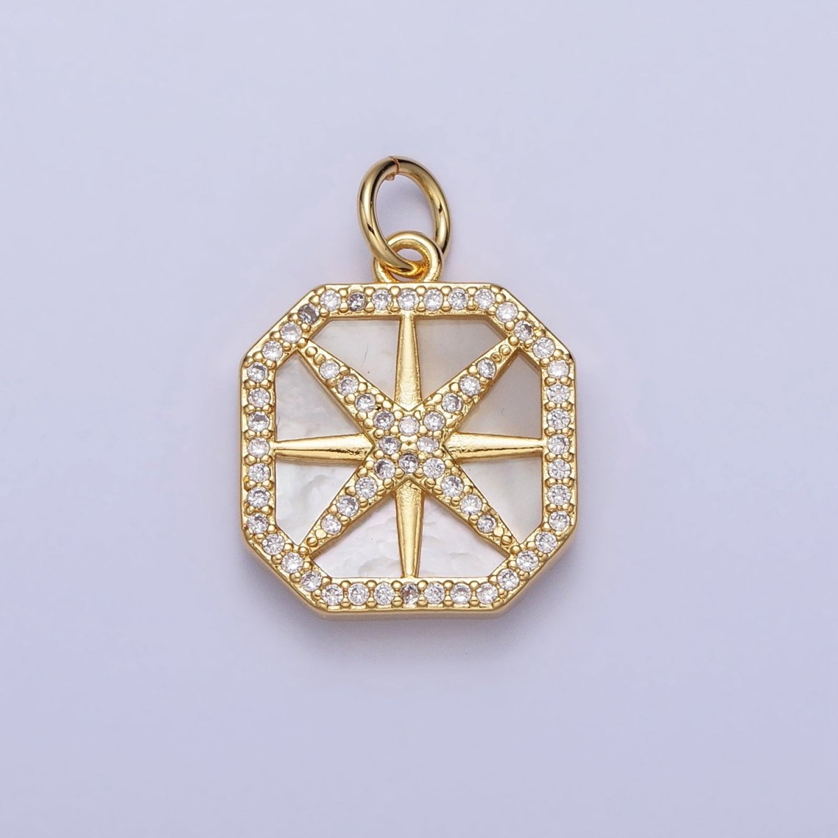 24K Gold Filled Celestial Northern Star Pearl Clear Micro Paved CZ Hexagonal Charm | AC361