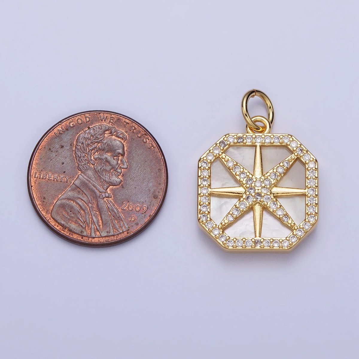 24K Gold Filled Celestial Northern Star Pearl Clear Micro Paved CZ Hexagonal Charm | AC361