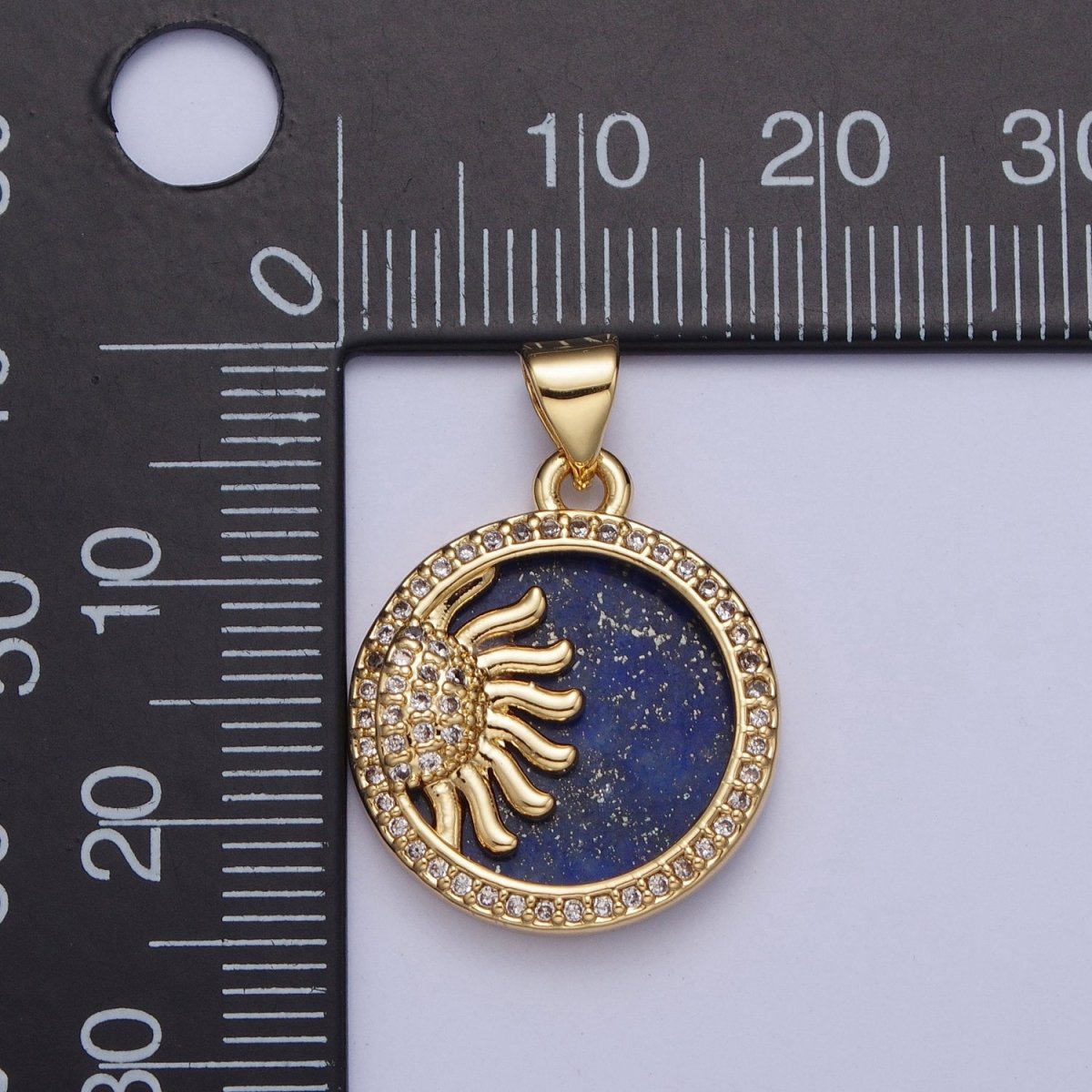 24K Gold Filled Celestial Sun Blue Lapiz Micro Pave Bezel Round Medallion Pendant, X-428