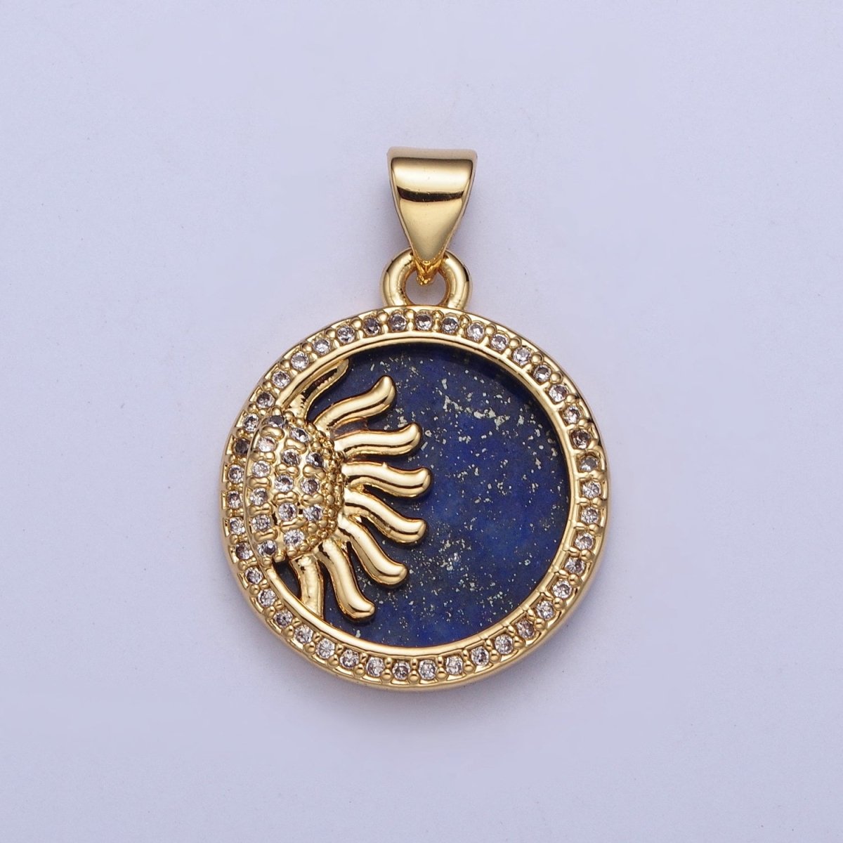 24K Gold Filled Celestial Sun Blue Lapiz Micro Pave Bezel Round Medallion Pendant, X-428