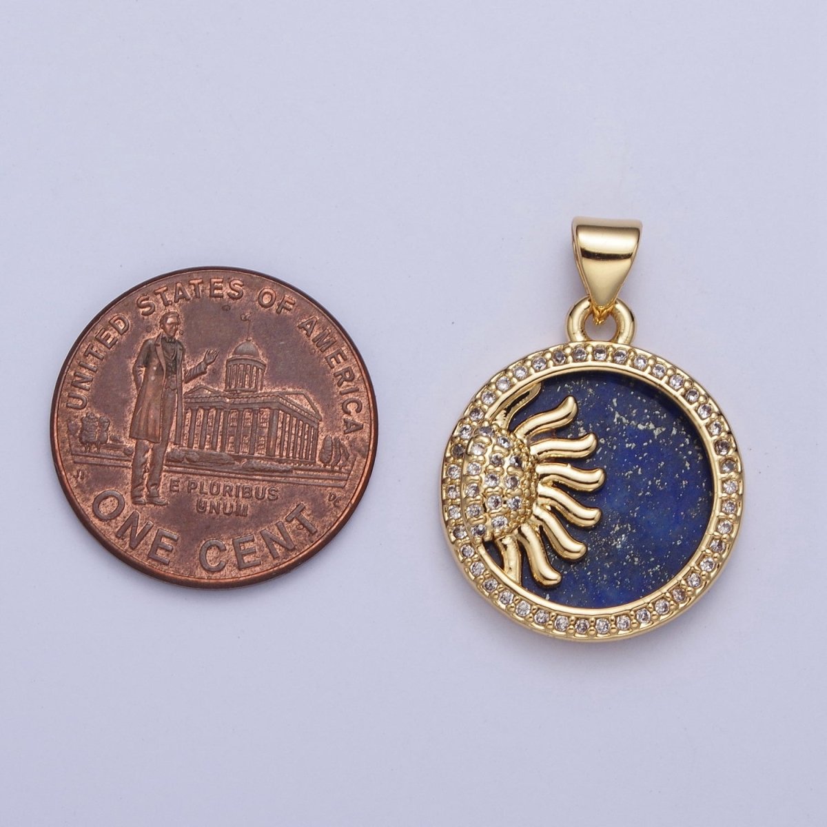 24K Gold Filled Celestial Sun Blue Lapiz Micro Pave Bezel Round Medallion Pendant, X-428