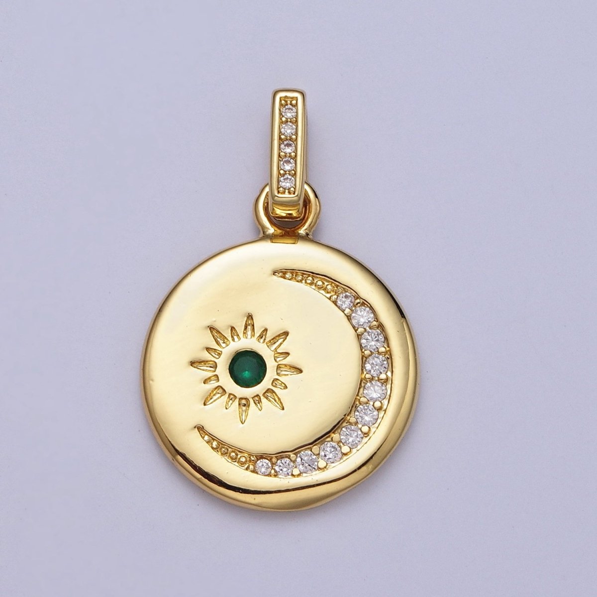 24K Gold Filled Celestial Sun Crescent Moon Micro Paved CZ Round Pendant H-353