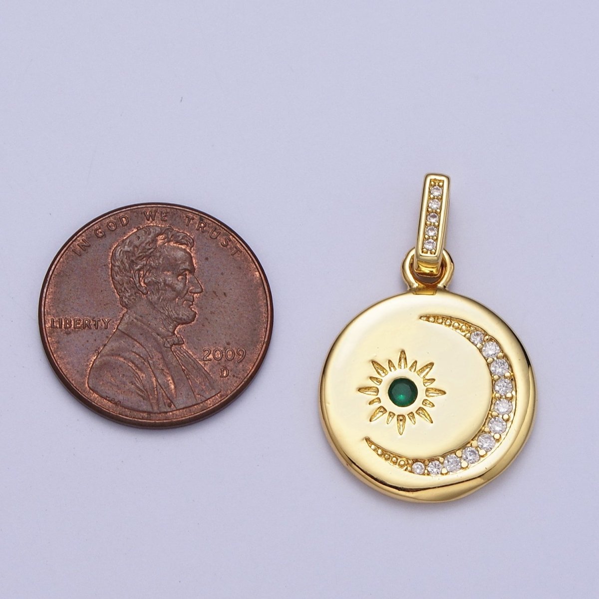 24K Gold Filled Celestial Sun Crescent Moon Micro Paved CZ Round Pendant H-353