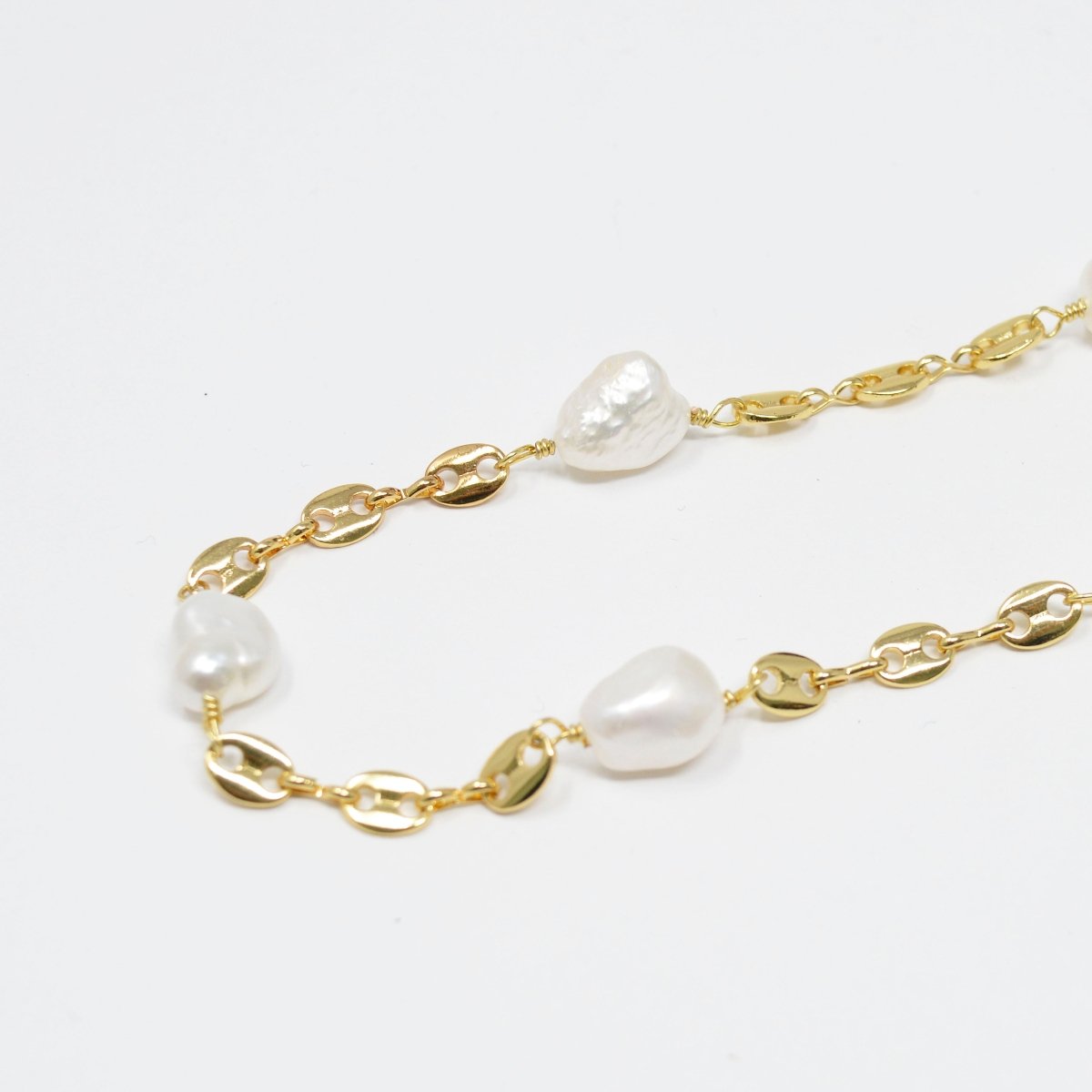 24K Gold Filled Charm Chain by Yard, Baroque Mother Pearl Paper Clip Link Chain by Yard, White Pearl Chain, Unfinished Mariner Chain | ROLL-423 Clearance Pricing