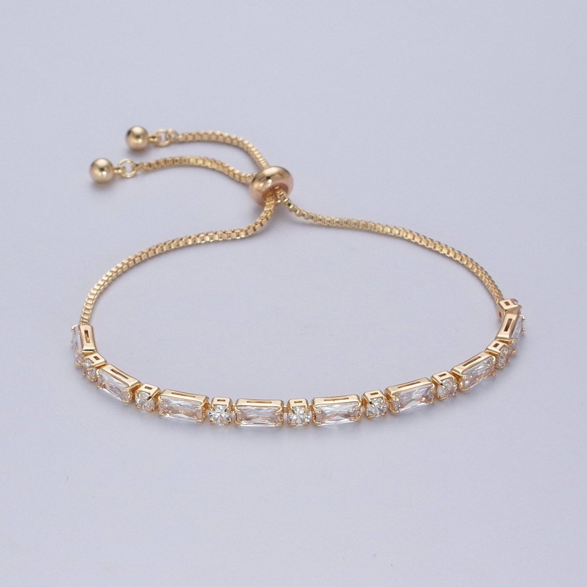 24K Gold Filled Clear Baguette Cubic Zirconia Adjustable Bracelet Chain | WA-1002