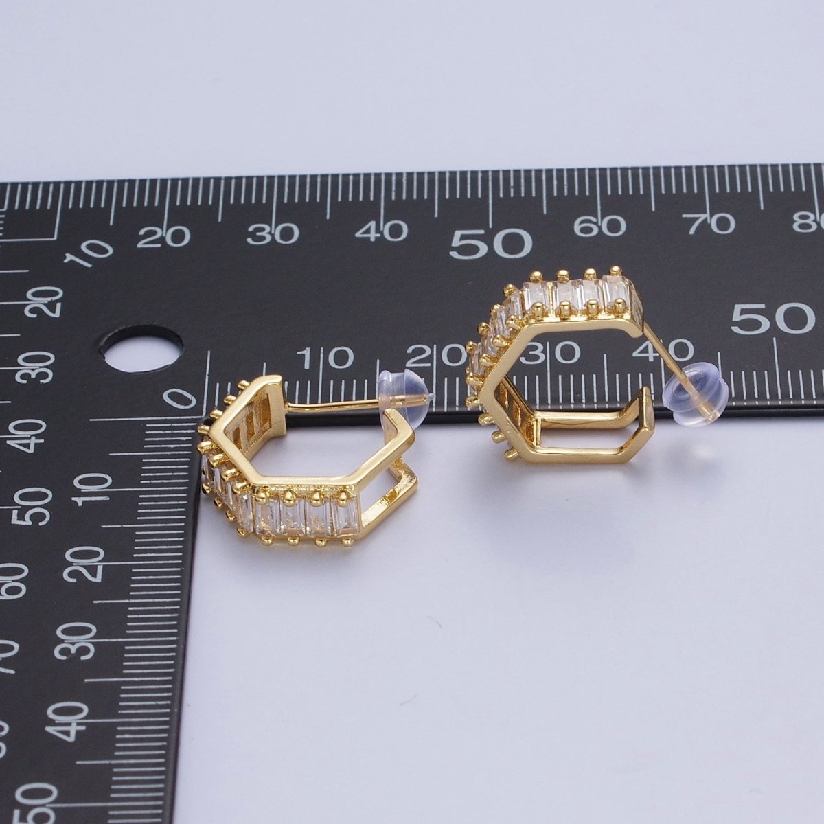 24K Gold Filled Clear Baguette Cubic Zirconia Hexagonal Open C Shaped Double Band Stud Earrings T-132