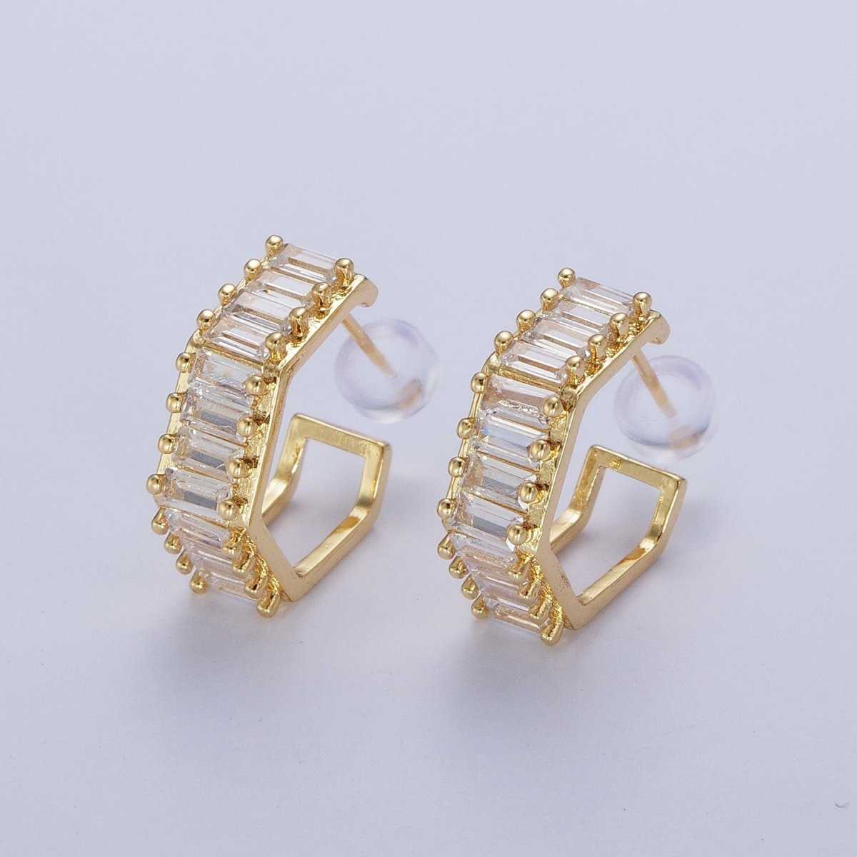 24K Gold Filled Clear Baguette Cubic Zirconia Hexagonal Open C Shaped Double Band Stud Earrings T-132