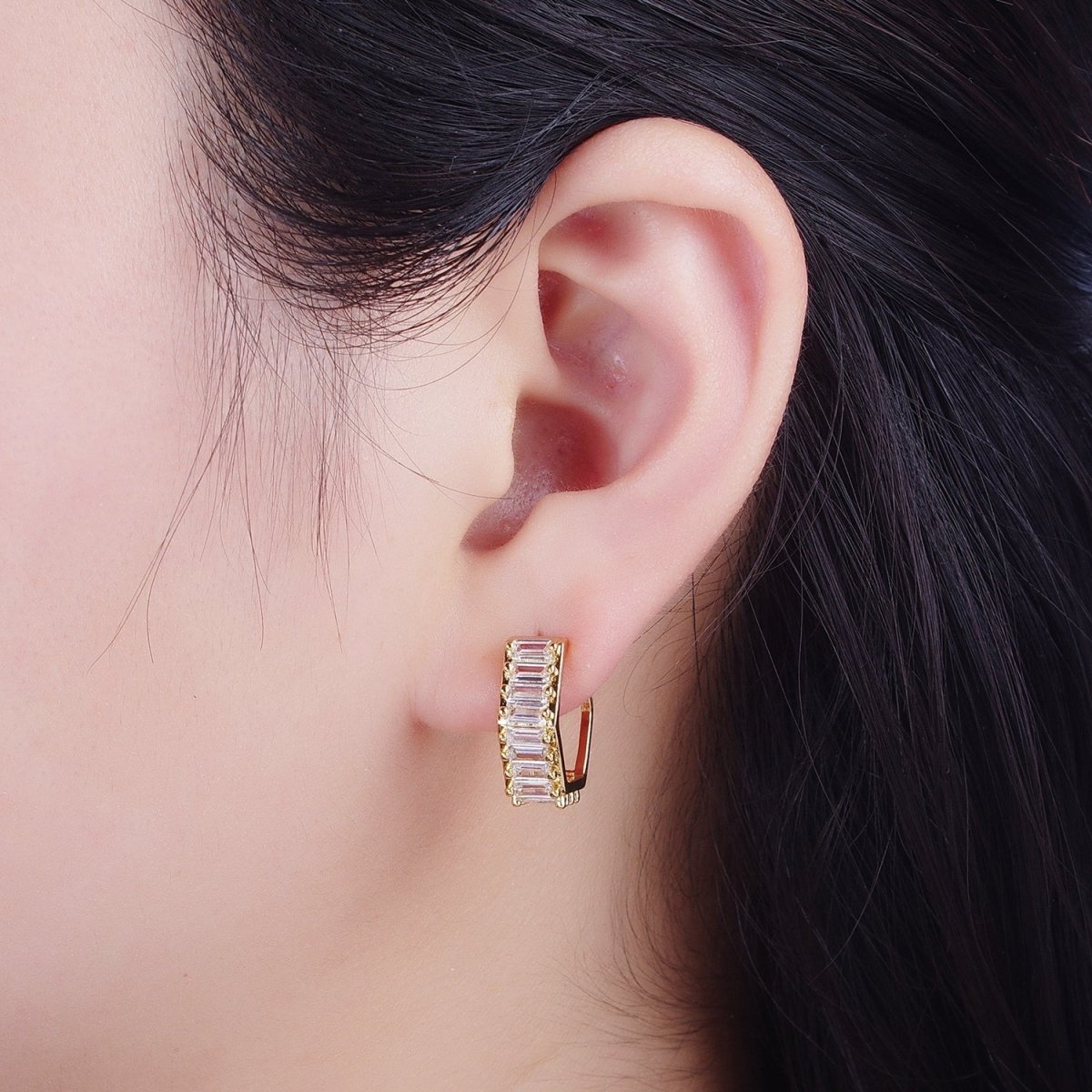 24K Gold Filled Clear Baguette Cubic Zirconia Hexagonal Open C Shaped Double Band Stud Earrings T-132