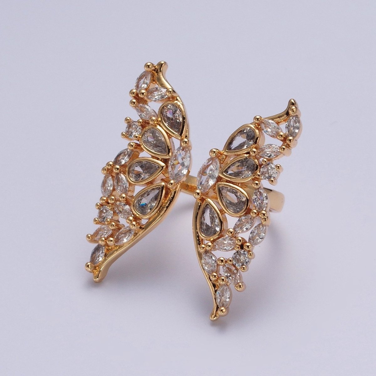 24K Gold Filled Clear Cubic Zirconia Grand Gold Butterfly Mariposa Adjustable Statement Ring O-793