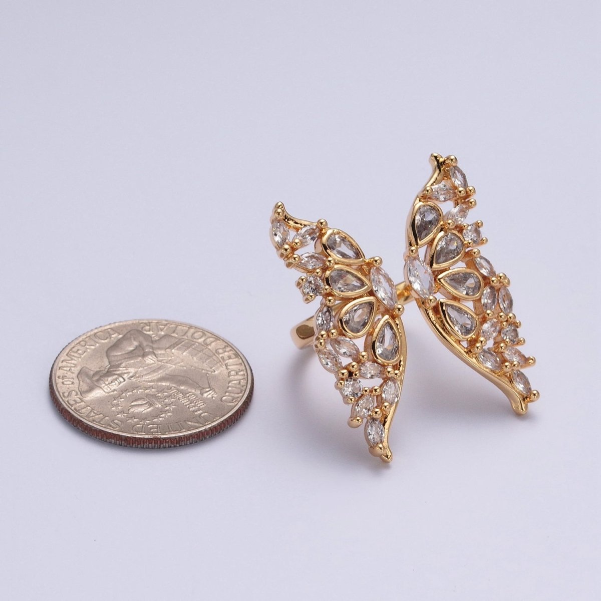 24K Gold Filled Clear Cubic Zirconia Grand Gold Butterfly Mariposa Adjustable Statement Ring O-793