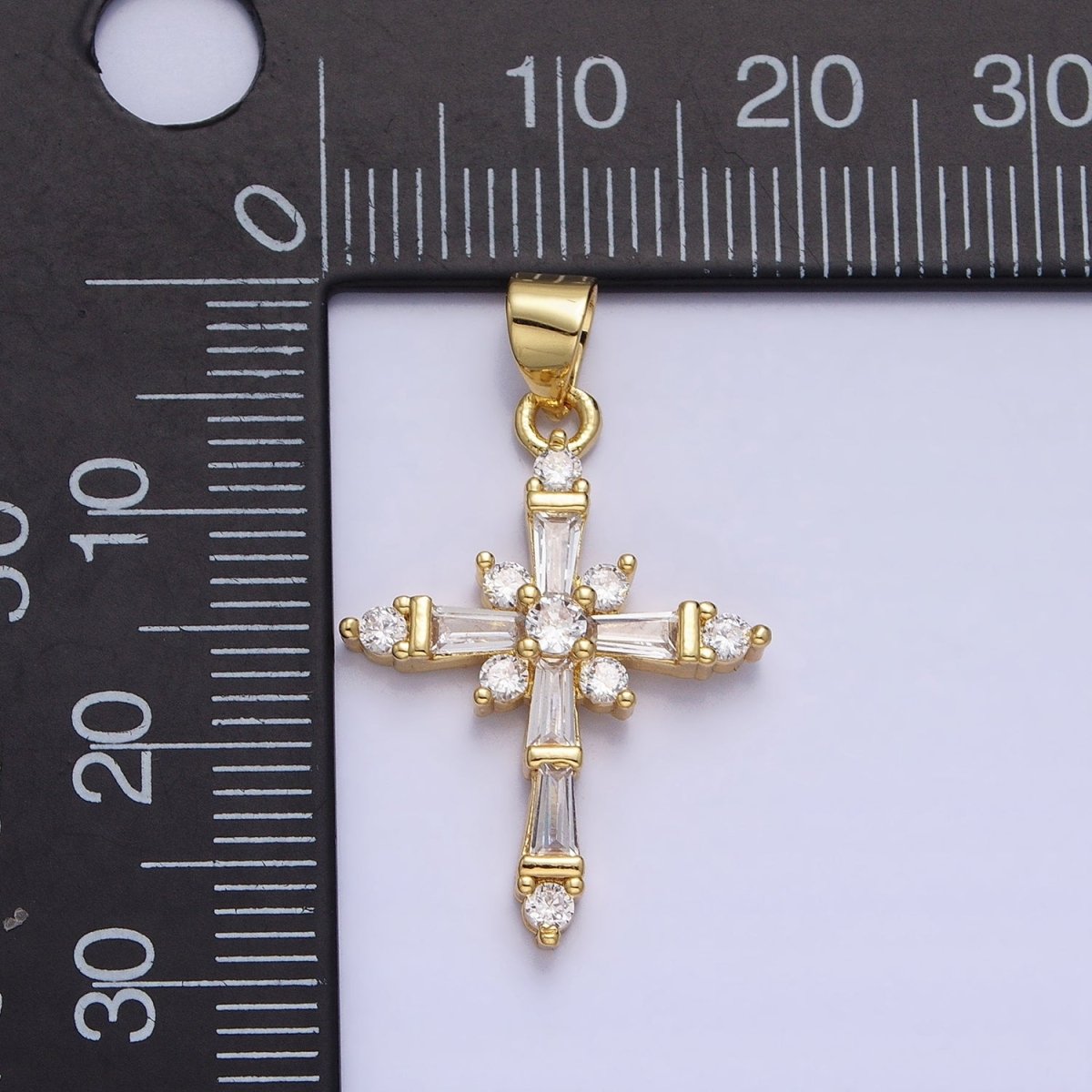 24K Gold Filled Clear CZ Baguette Religious Cross Pendant | AA230