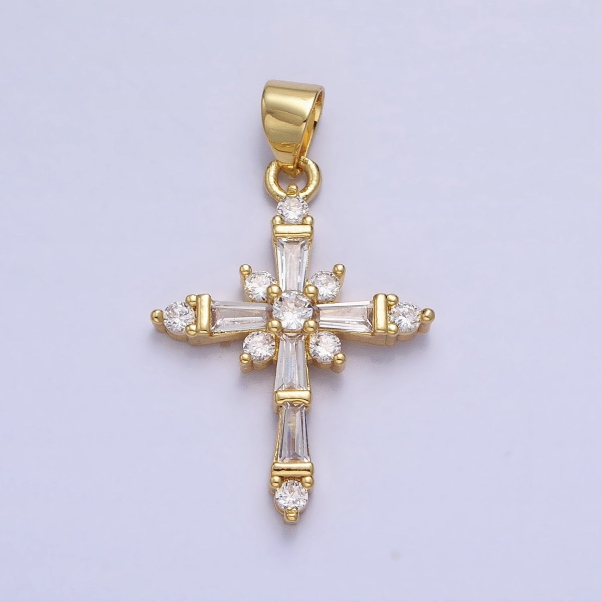 24K Gold Filled Clear CZ Baguette Religious Cross Pendant | AA230