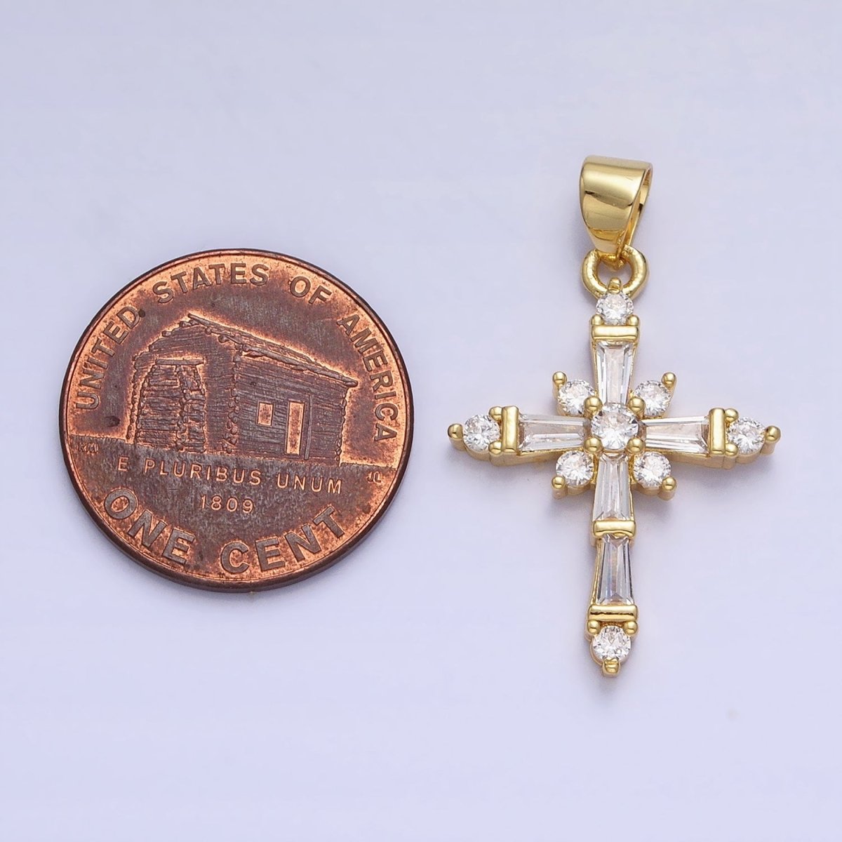 24K Gold Filled Clear CZ Baguette Religious Cross Pendant | AA230