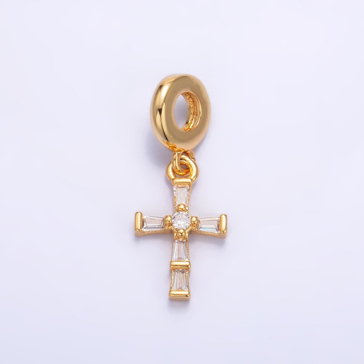 24K Gold Filled Clear CZ Baguette Religious Cross Rhondelle Drop Pendant | W329