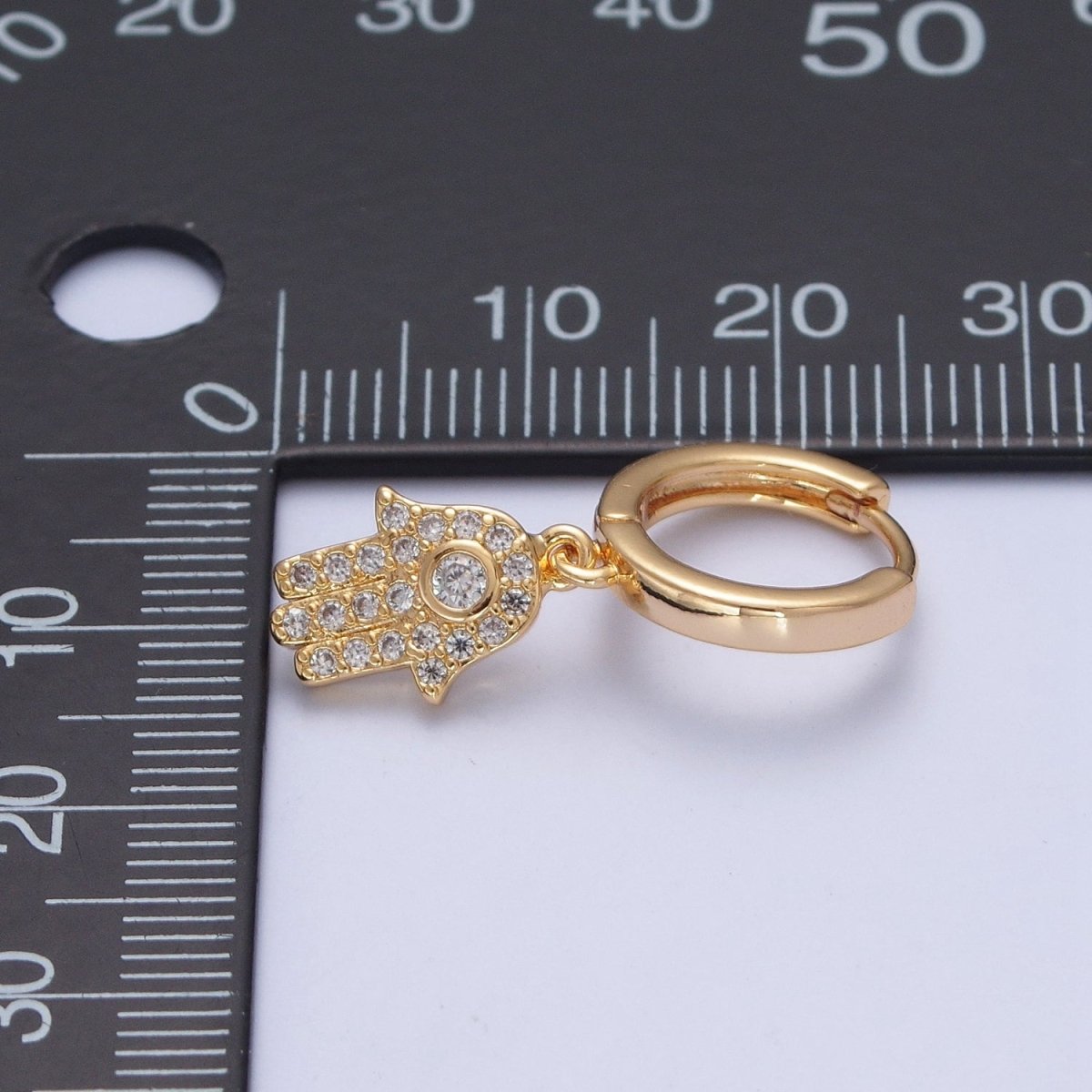 24K Gold Filled Clear CZ Micro Pave Hamsa Hand Charm Dangle Drop Huggie Earrings P-308