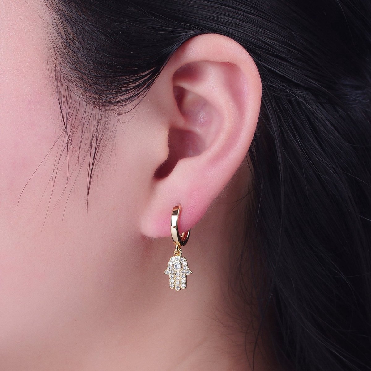 24K Gold Filled Clear CZ Micro Pave Hamsa Hand Charm Dangle Drop Huggie Earrings P-308