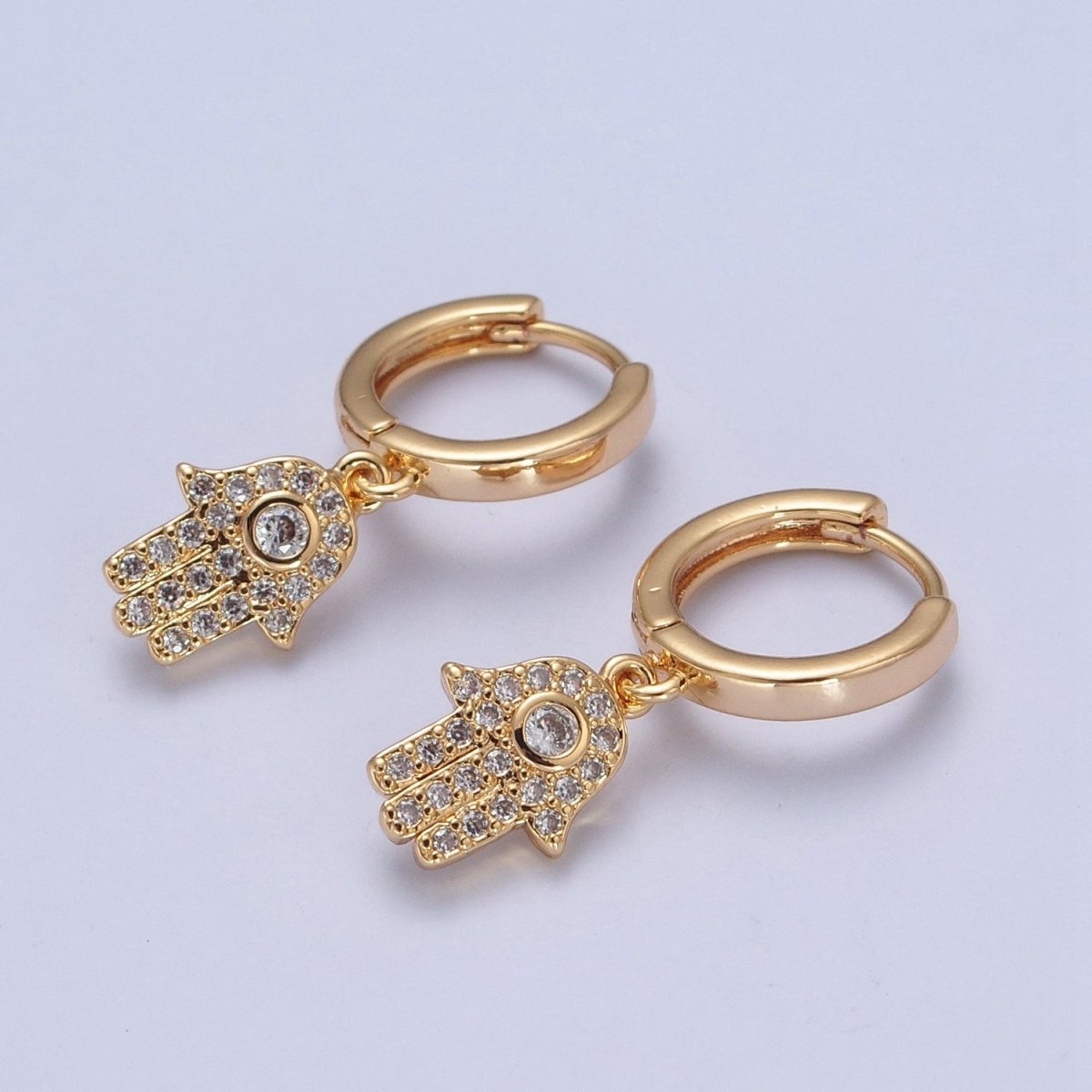 24K Gold Filled Clear CZ Micro Pave Hamsa Hand Charm Dangle Drop Huggie Earrings P-308