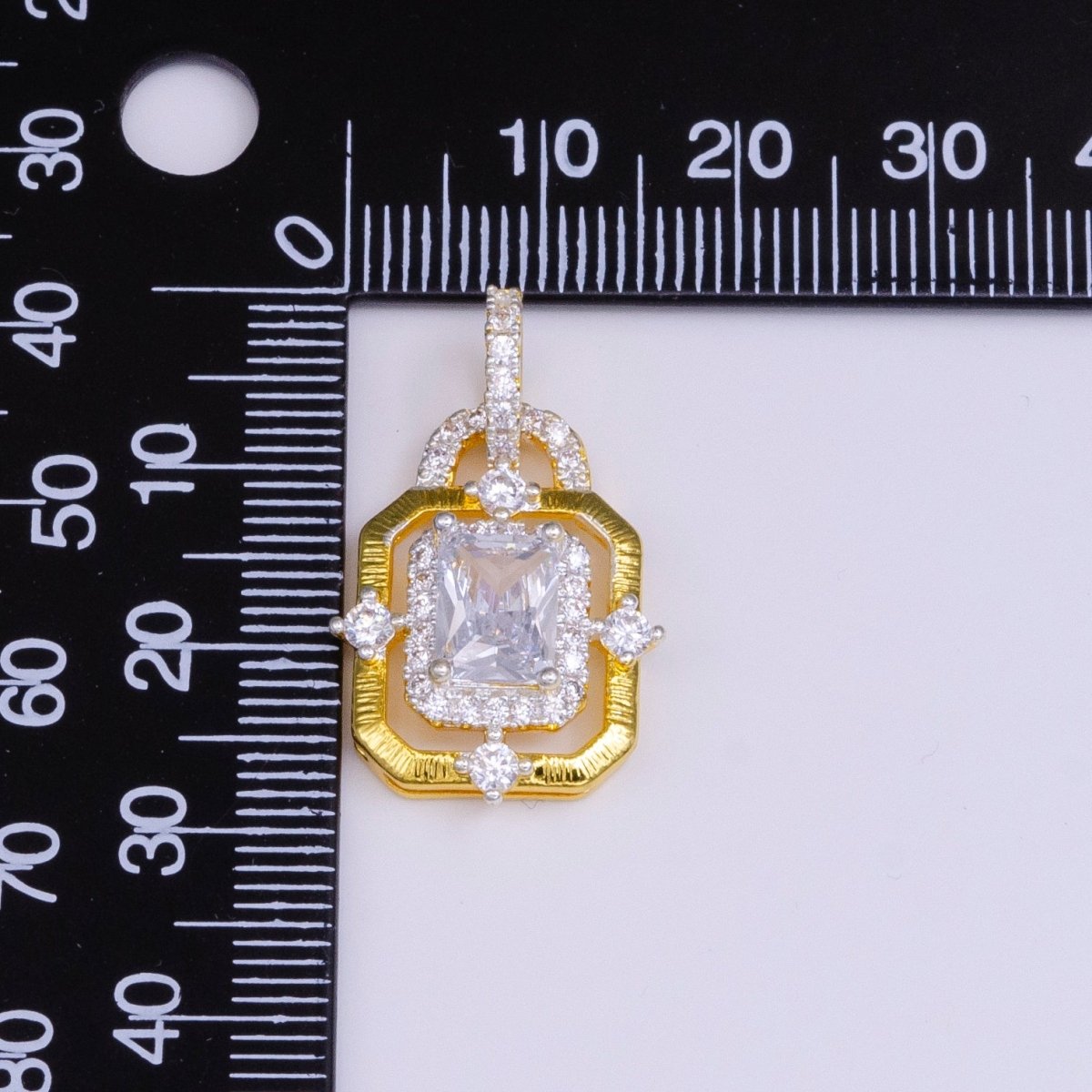 24K Gold Filled Clear, Green, Blue, Fuchsia Baguette Rhombus CZ Hexagonal Micro Paved CZ Frame Bail Pendant | AA526 - AA529