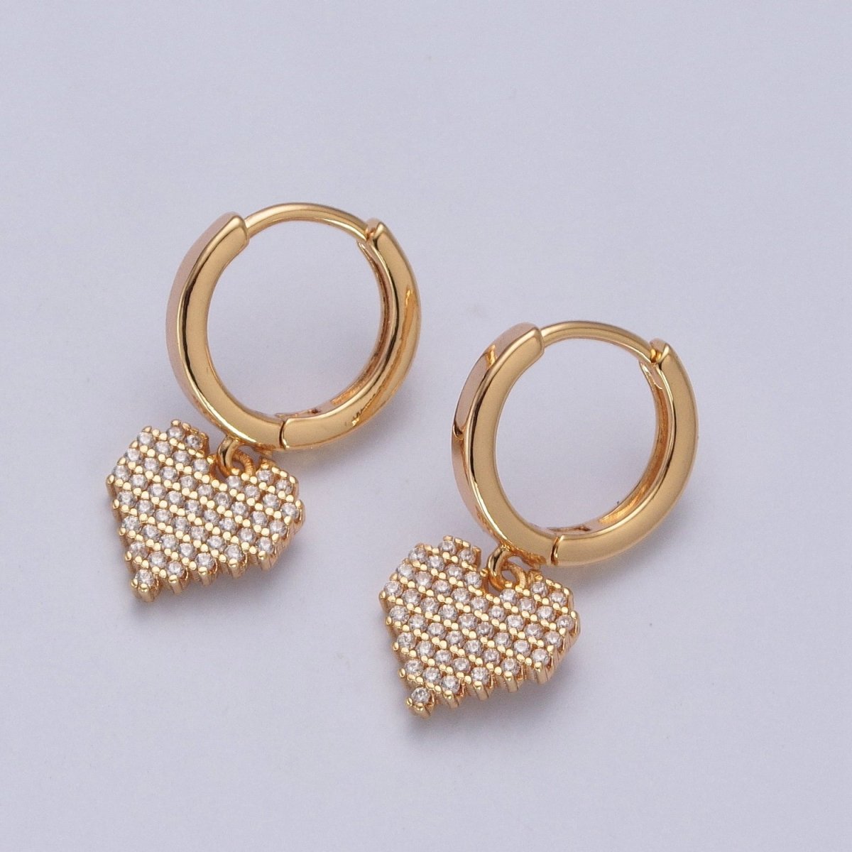 24K Gold Filled Clear Micro Pave CZ Heart Valentine Charm Huggie Hoop Earring P-340