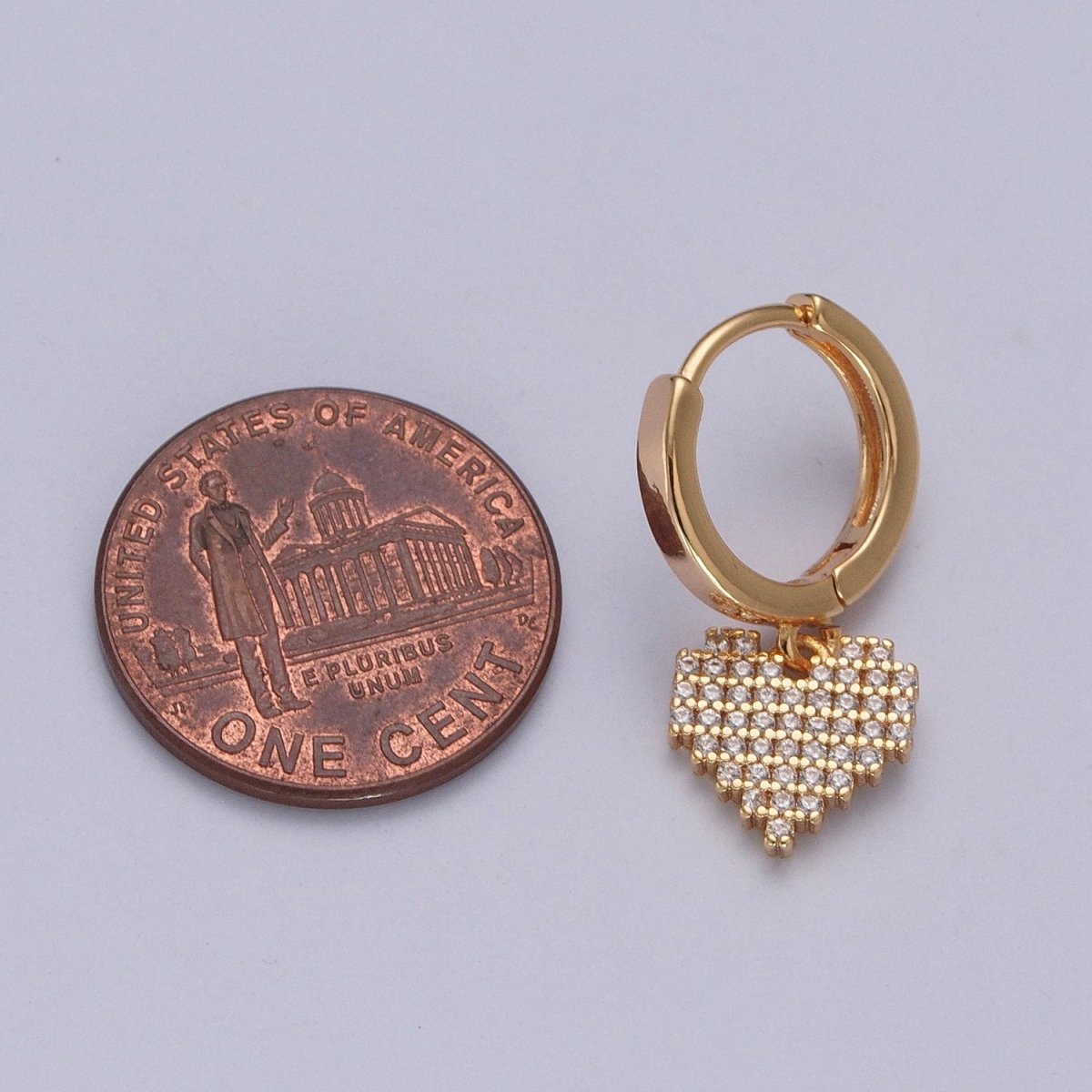 24K Gold Filled Clear Micro Pave CZ Heart Valentine Charm Huggie Hoop Earring P-340