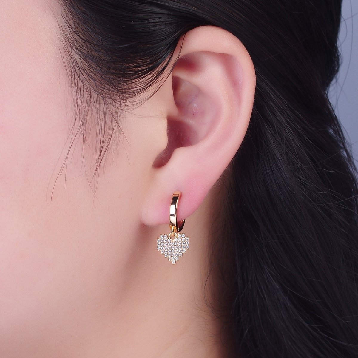 24K Gold Filled Clear Micro Pave CZ Heart Valentine Charm Huggie Hoop Earring P-340
