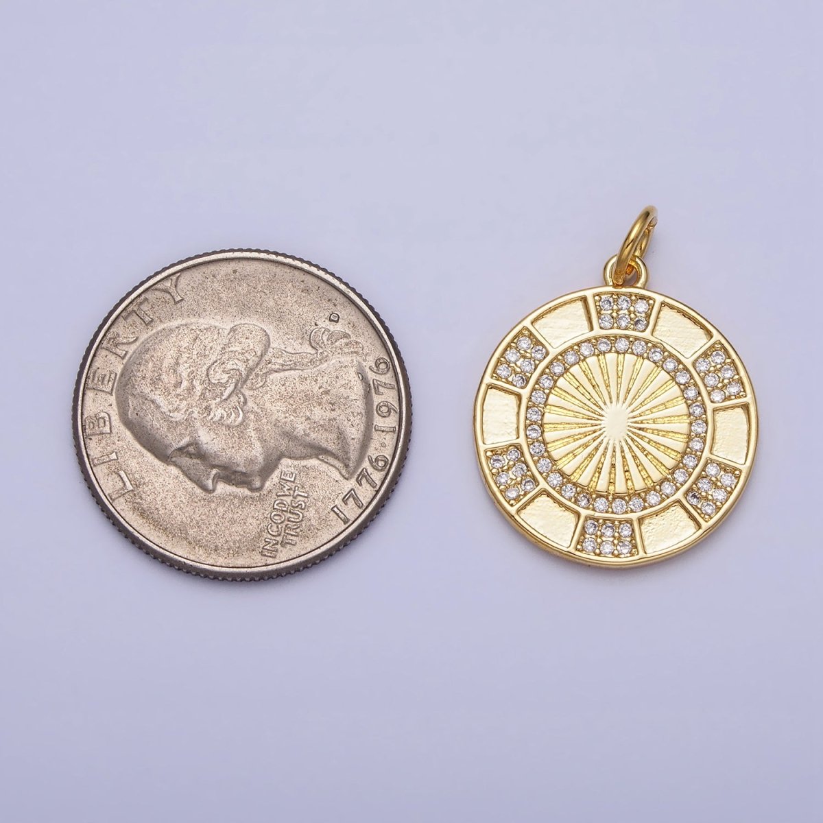 24K Gold Filled Clear Micro Paved CZ Round Sunburst Medallion Charm | AC369