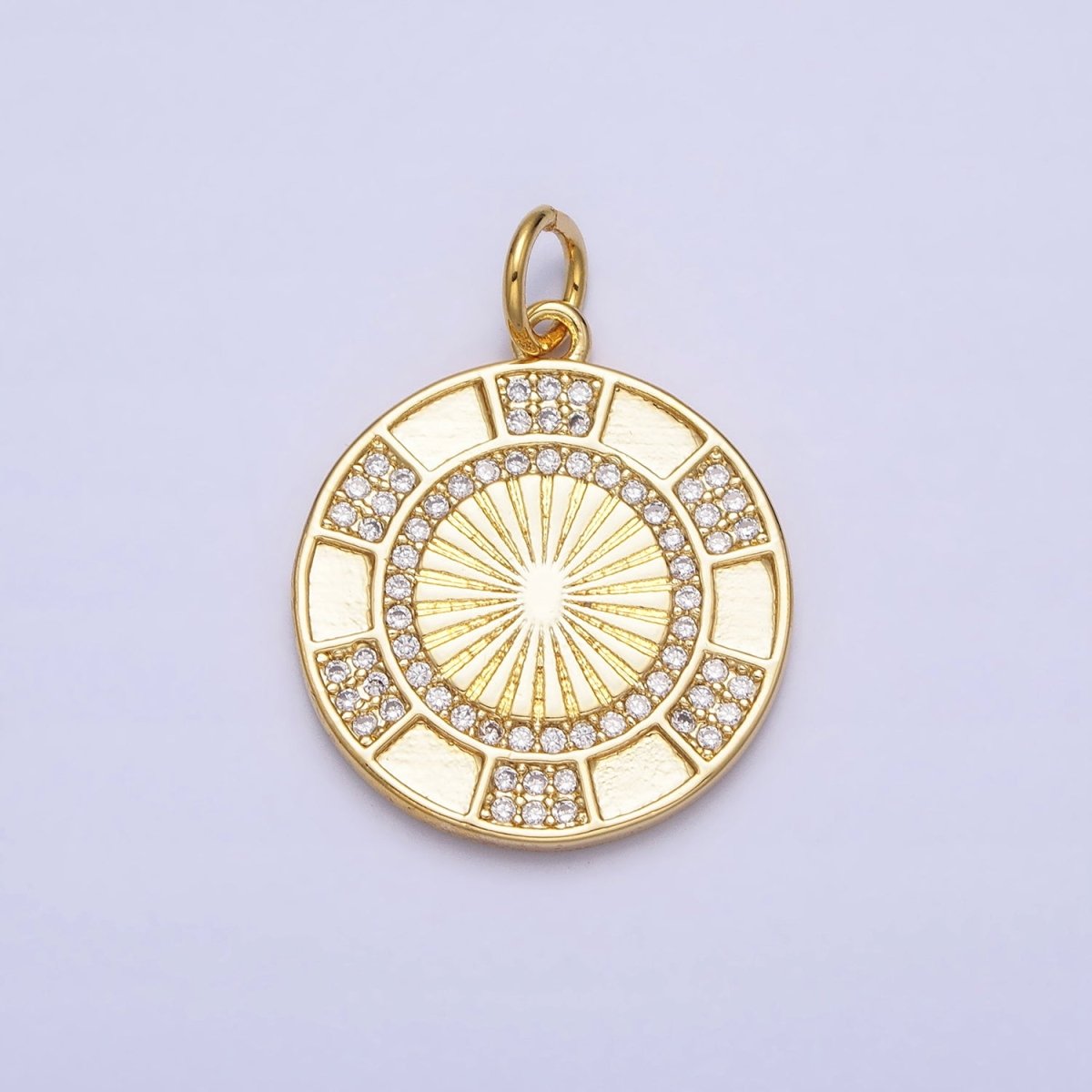 24K Gold Filled Clear Micro Paved CZ Round Sunburst Medallion Charm | AC369
