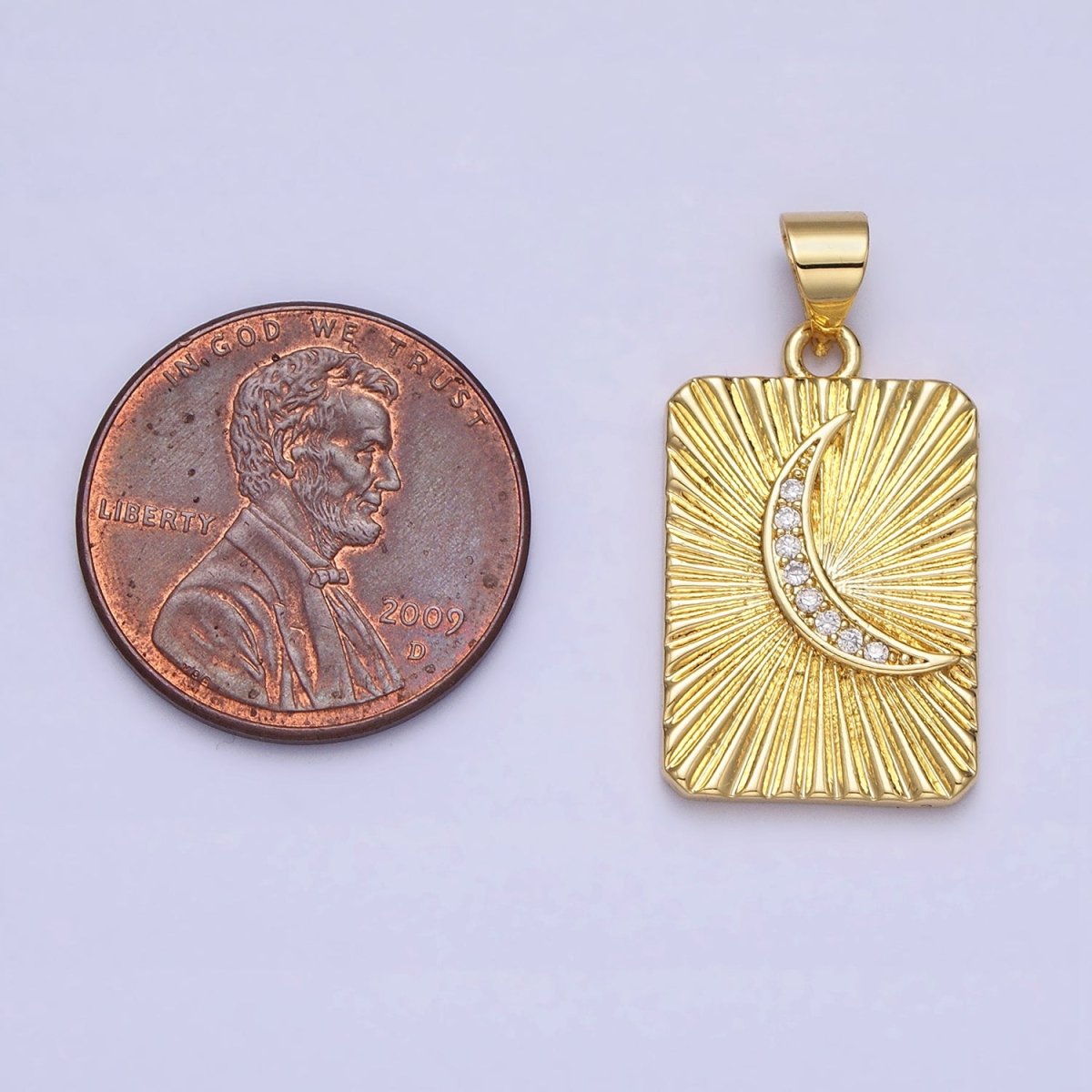 24K Gold Filled Crescent Moon Celestial Clear CZ Micro Paved Sunburst Textured Tag Pendant | AA160