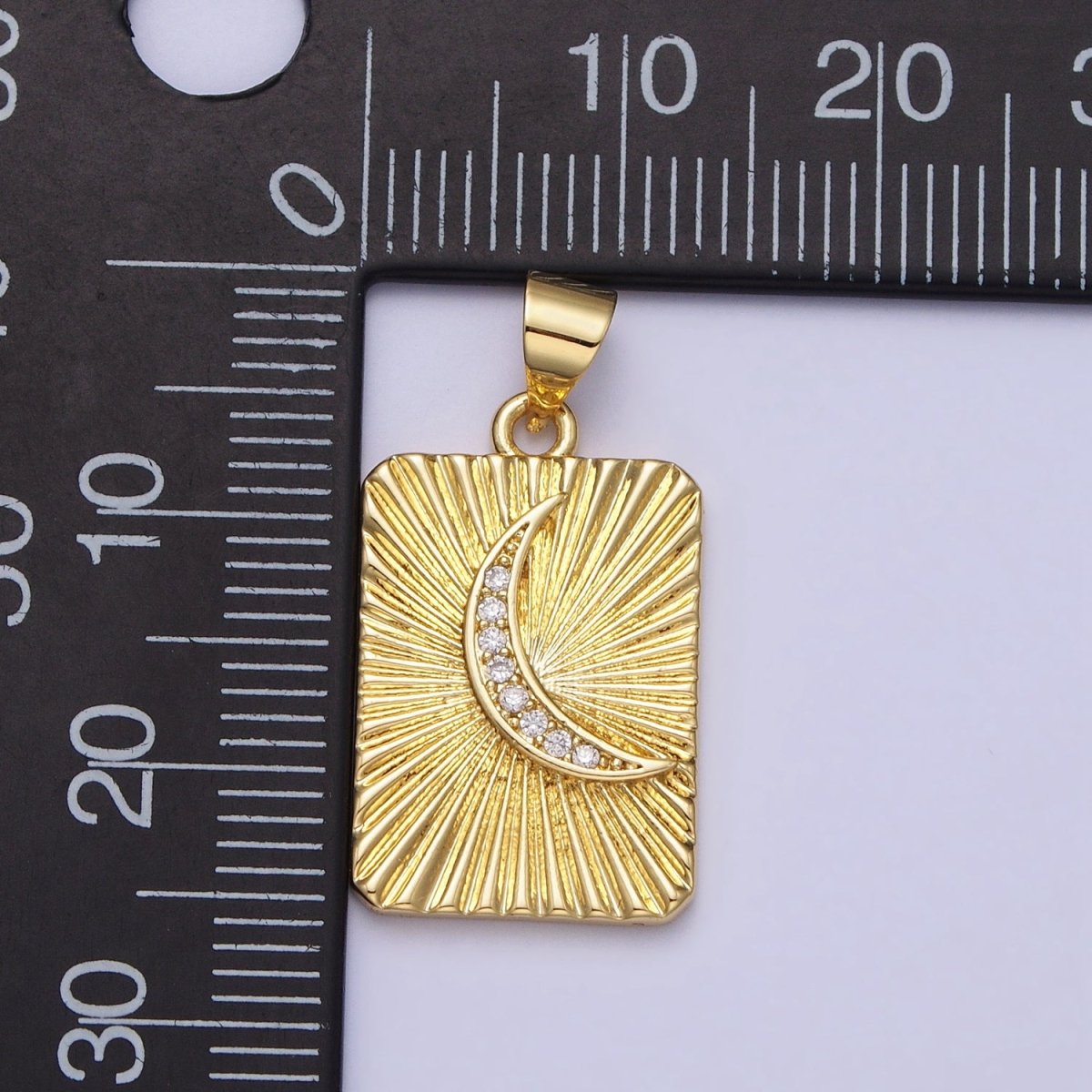24K Gold Filled Crescent Moon Celestial Clear CZ Micro Paved Sunburst Textured Tag Pendant | AA160