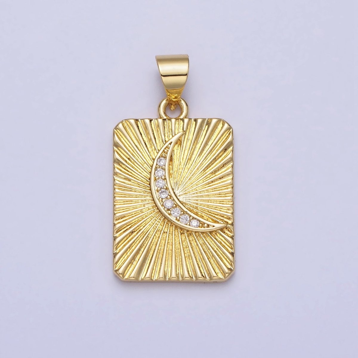 24K Gold Filled Crescent Moon Celestial Clear CZ Micro Paved Sunburst Textured Tag Pendant | AA160