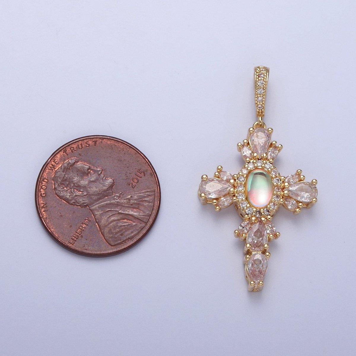 24K Gold Filled Cross Pendant Charm, Micro Pave Clear CZ Cubic Zirconia & Moonstone Religious Jewelry I-351