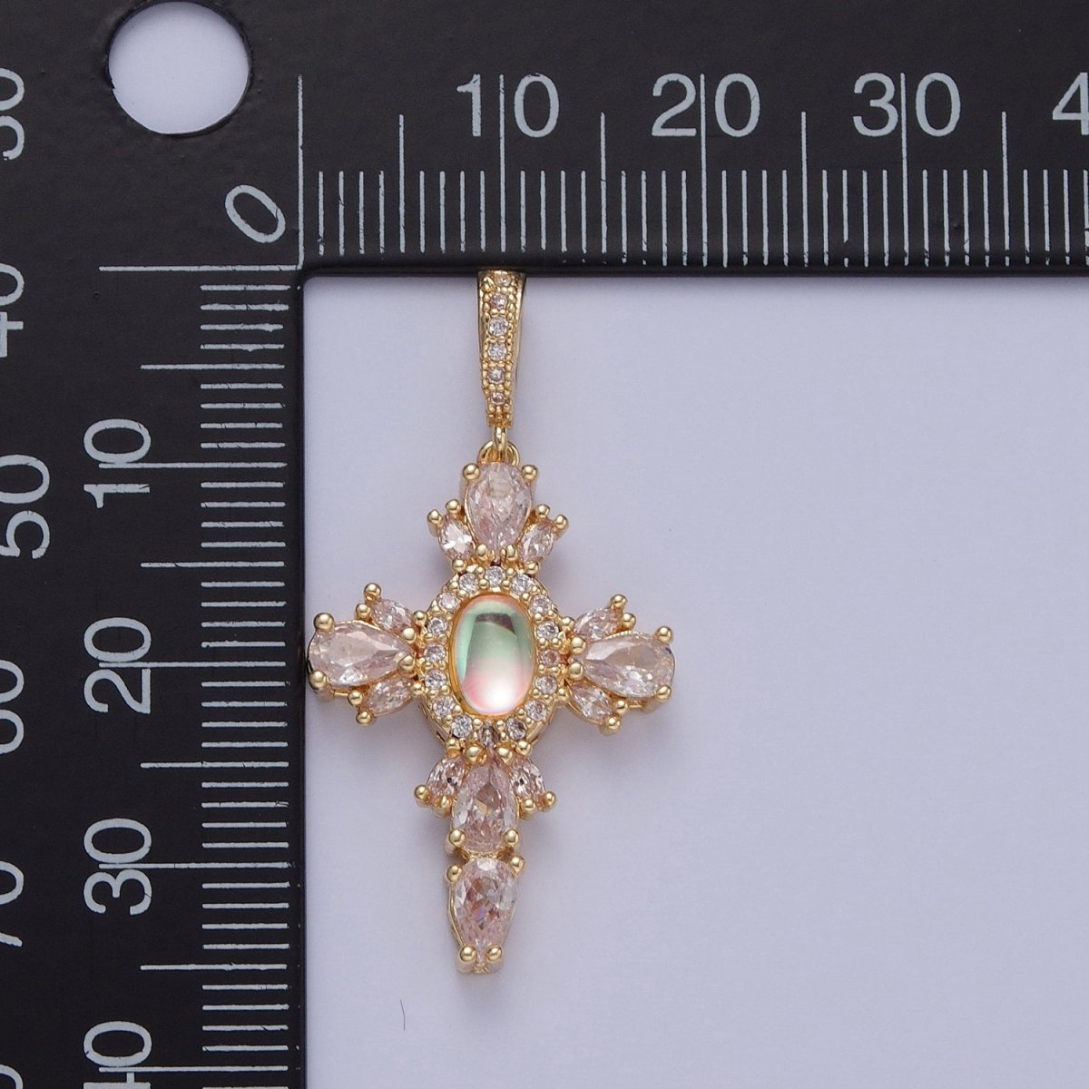 24K Gold Filled Cross Pendant Charm, Micro Pave Clear CZ Cubic Zirconia & Moonstone Religious Jewelry I-351