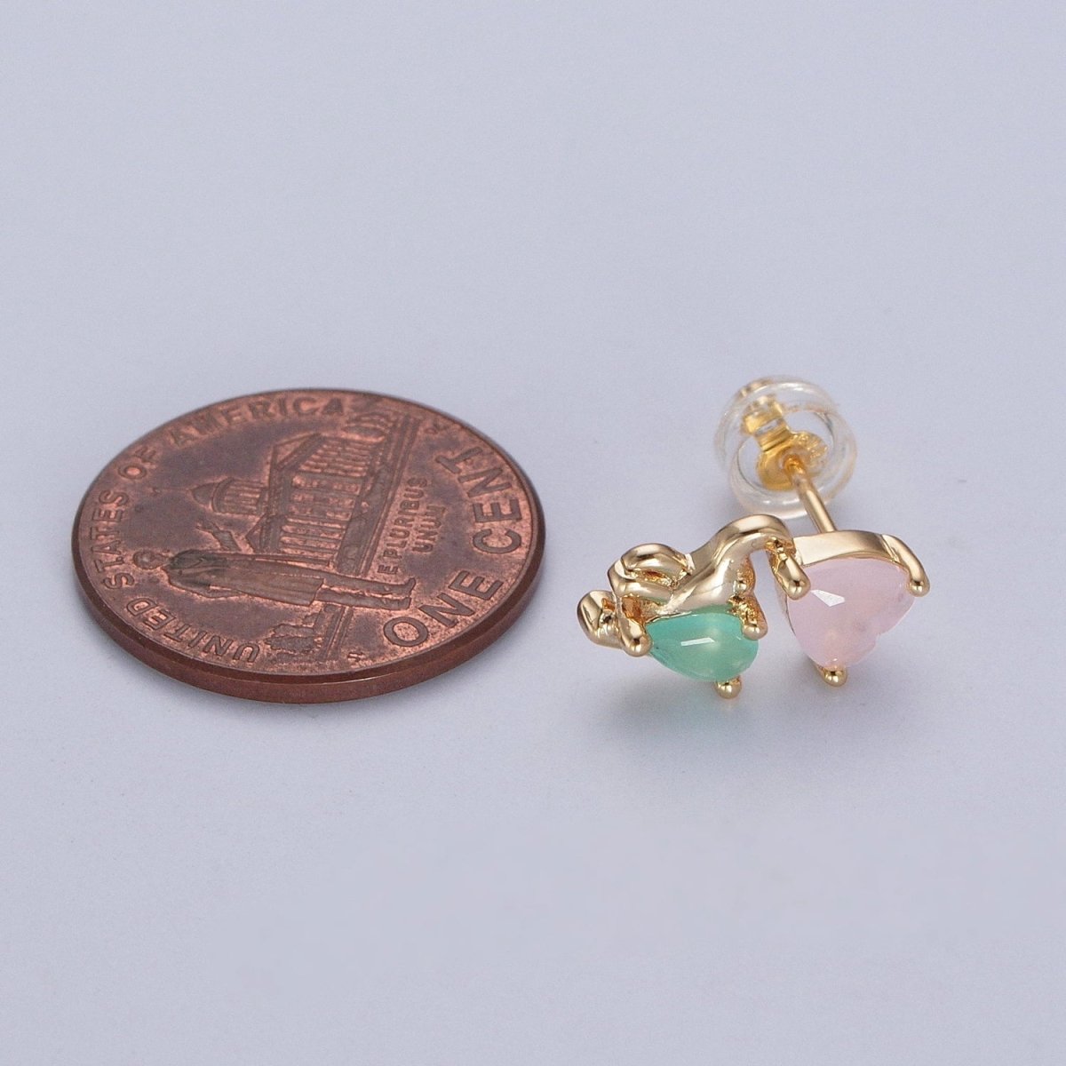 24K Gold Filled Dainty Pink CZ Heart with Green CZ Elephant Stud Earrings P-429